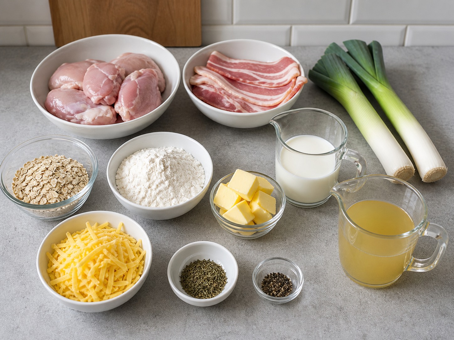 Crumble Gurih Ayam, Bacon, dan Daun Bawang Prei: 700 g paha ayam tanpa tulang, 180 g bacon, 2 buah daun bawang prei, 60 g mentega, 80 g tepung terigu serbaguna, 400 ml susu, 250 ml kaldu ayam, 100 g oat gulung, 100 g keju Cheddar, 1 sdt thyme kering, secukupnya Lada hitam