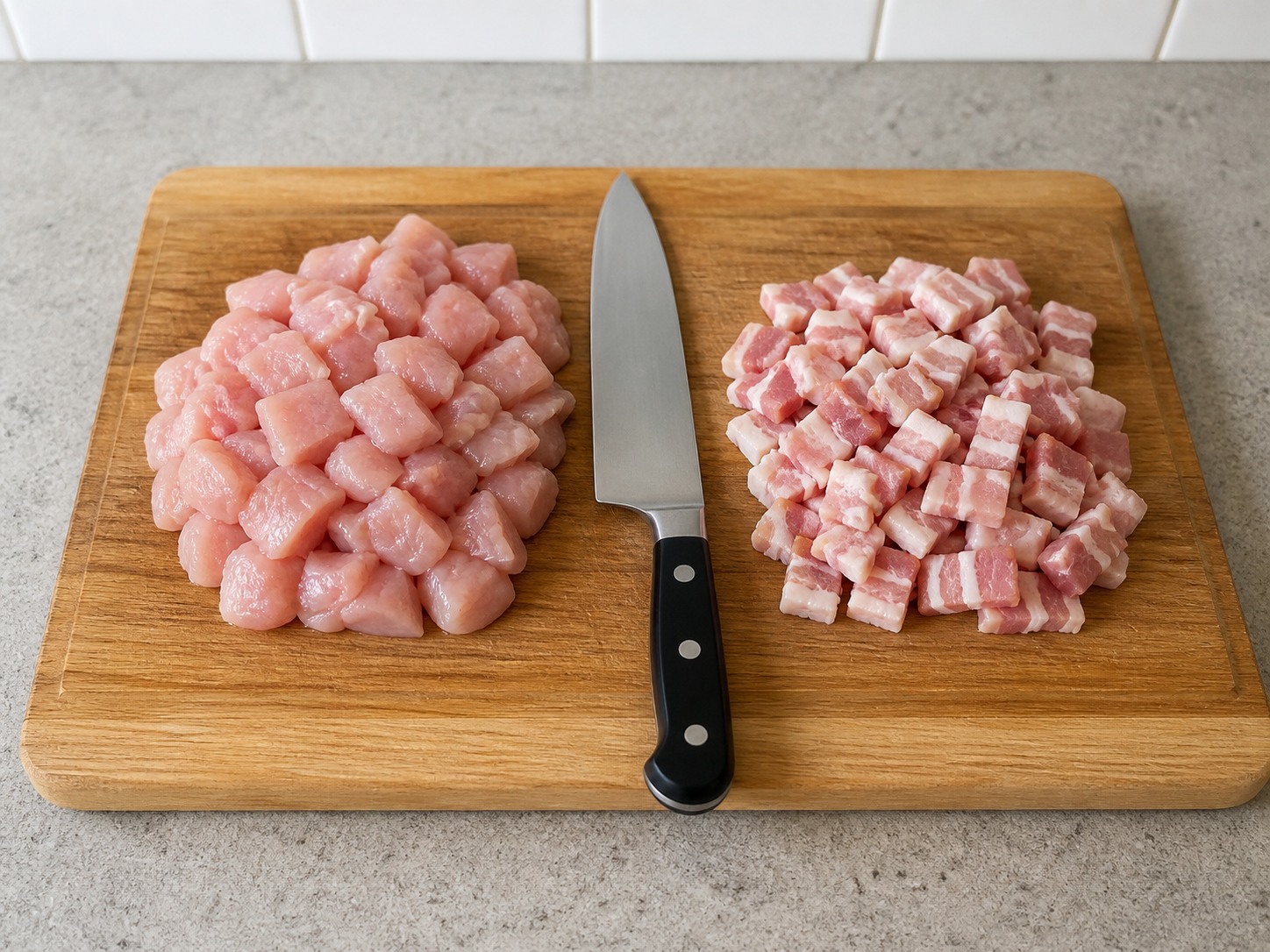 Potong ayam dan bacon menjadi ukuran sekali suap: Potong ayam dan bacon menjadi ukuran sekali suap. Kerjakan dengan hati-hati, pertahankan panas, waktu, dan keadaan bahan yang disebutkan, lalu pastikan kematangan sebelum melanjutkan.