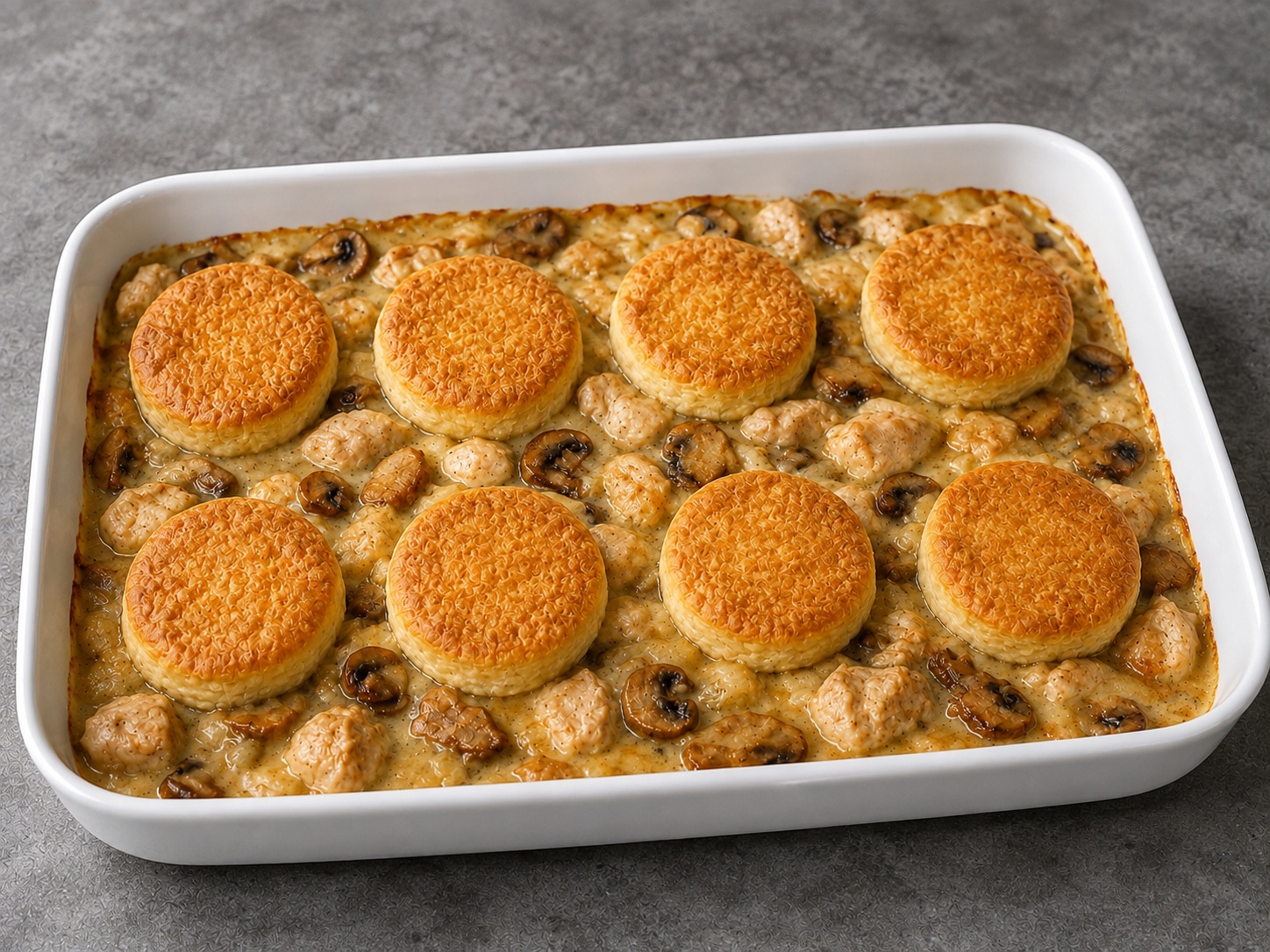 Cobbler Suet Ayam dan Jamur Inggris: Ayam empuk dan jamur dalam kuah ringan dipanggang di bawah bulatan cobbler suet keemasan.