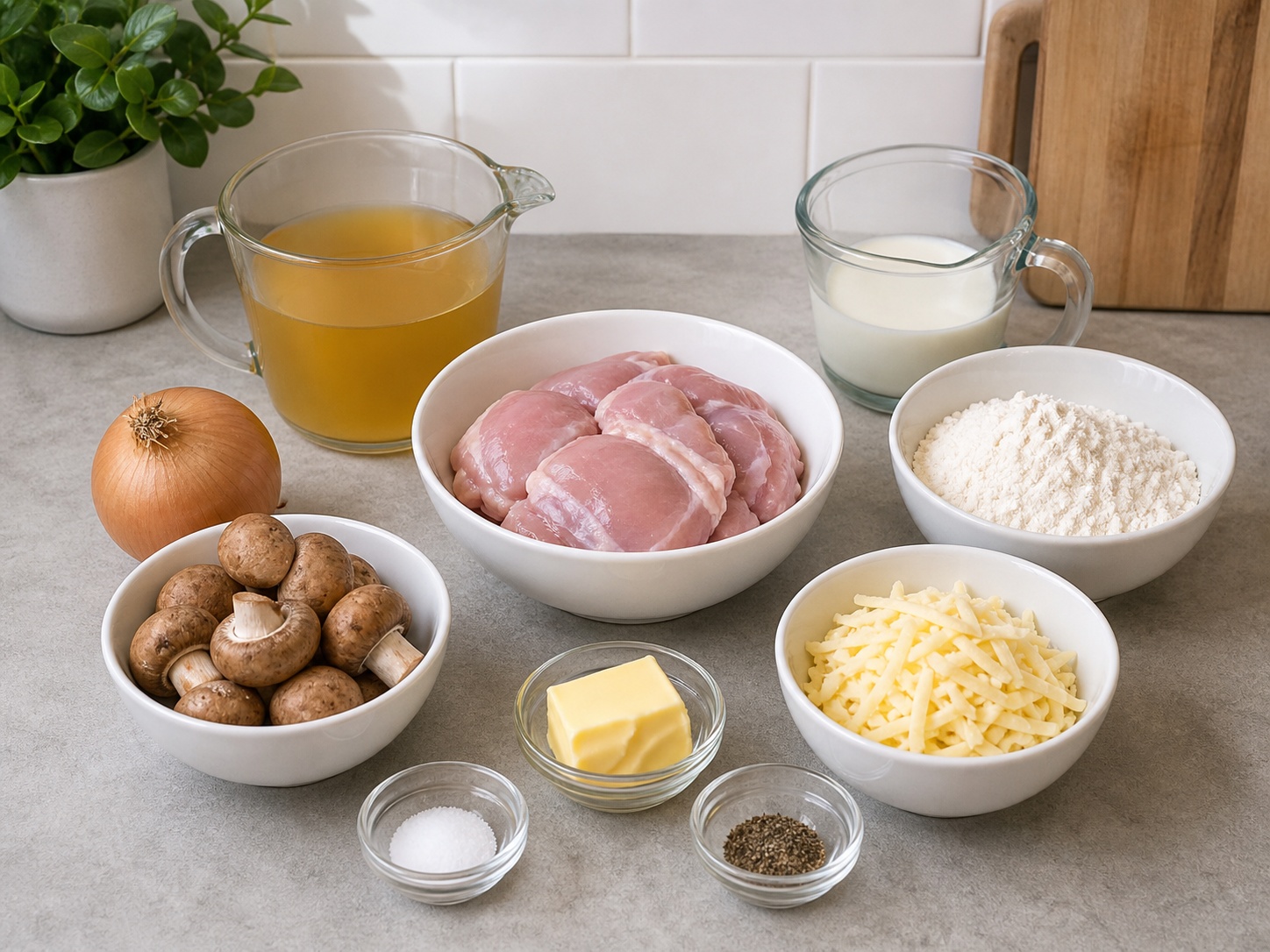 Cobbler Suet Ayam dan Jamur Inggris: 600 g paha ayam tanpa tulang dan kulit, 300 g jamur, 1 buah bawang bombai, 280 g tepung terigu serbaguna, 100 g suet sapi parut, 450 ml kaldu ayam, 180 ml susu, 25 g mentega, 1 sdt garam, 1 sdt Lada hitam