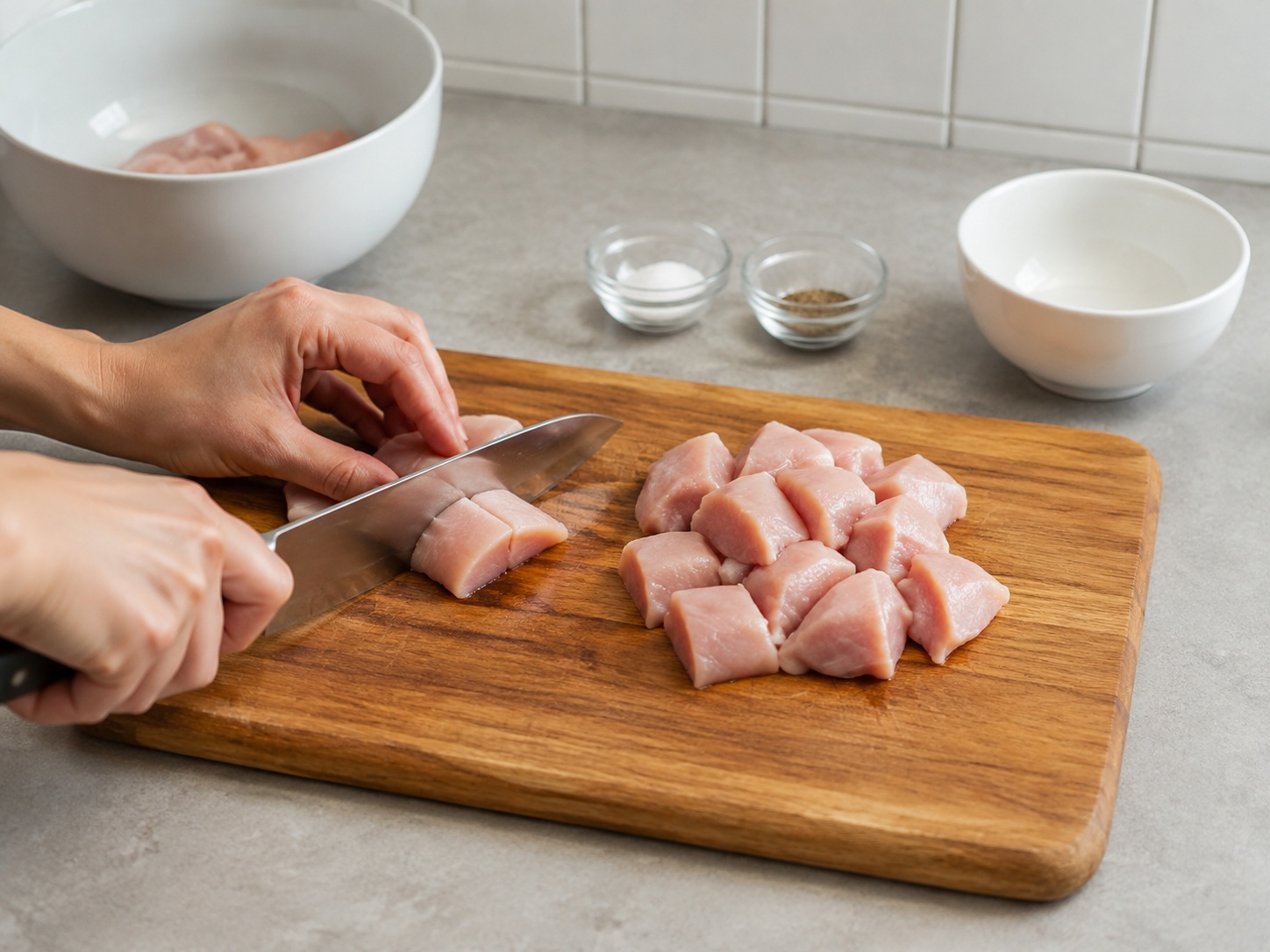 Cobbler Suet Ayam dan Jamur Inggris — Potong ayam: Potong ayam 3 cm dan keringkan.