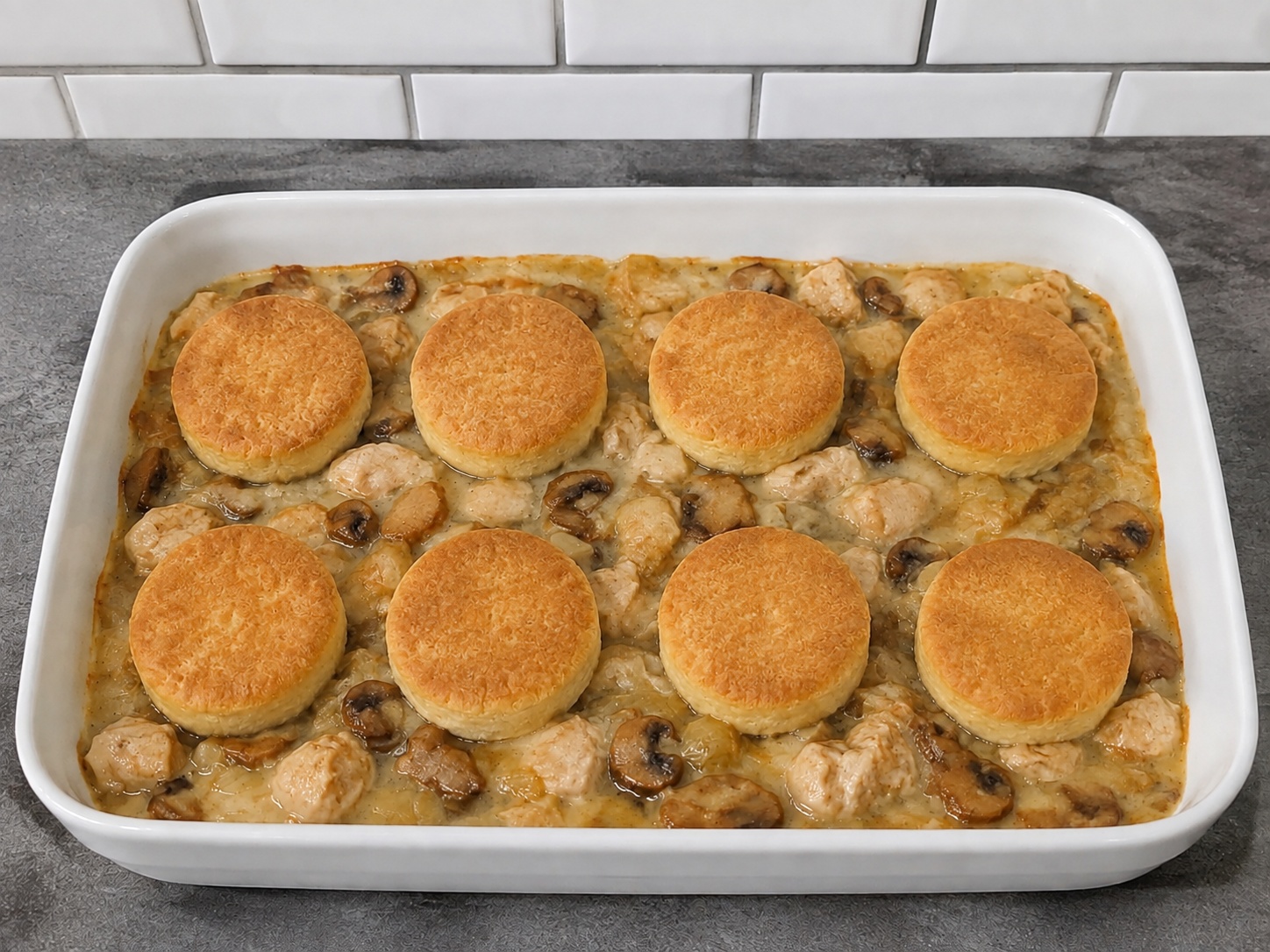 Cobbler Suet Ayam dan Jamur Inggris — Panggang hingga keemasan: Panggang 200°C 25 menit hingga keemasan dan ayam 75°C.