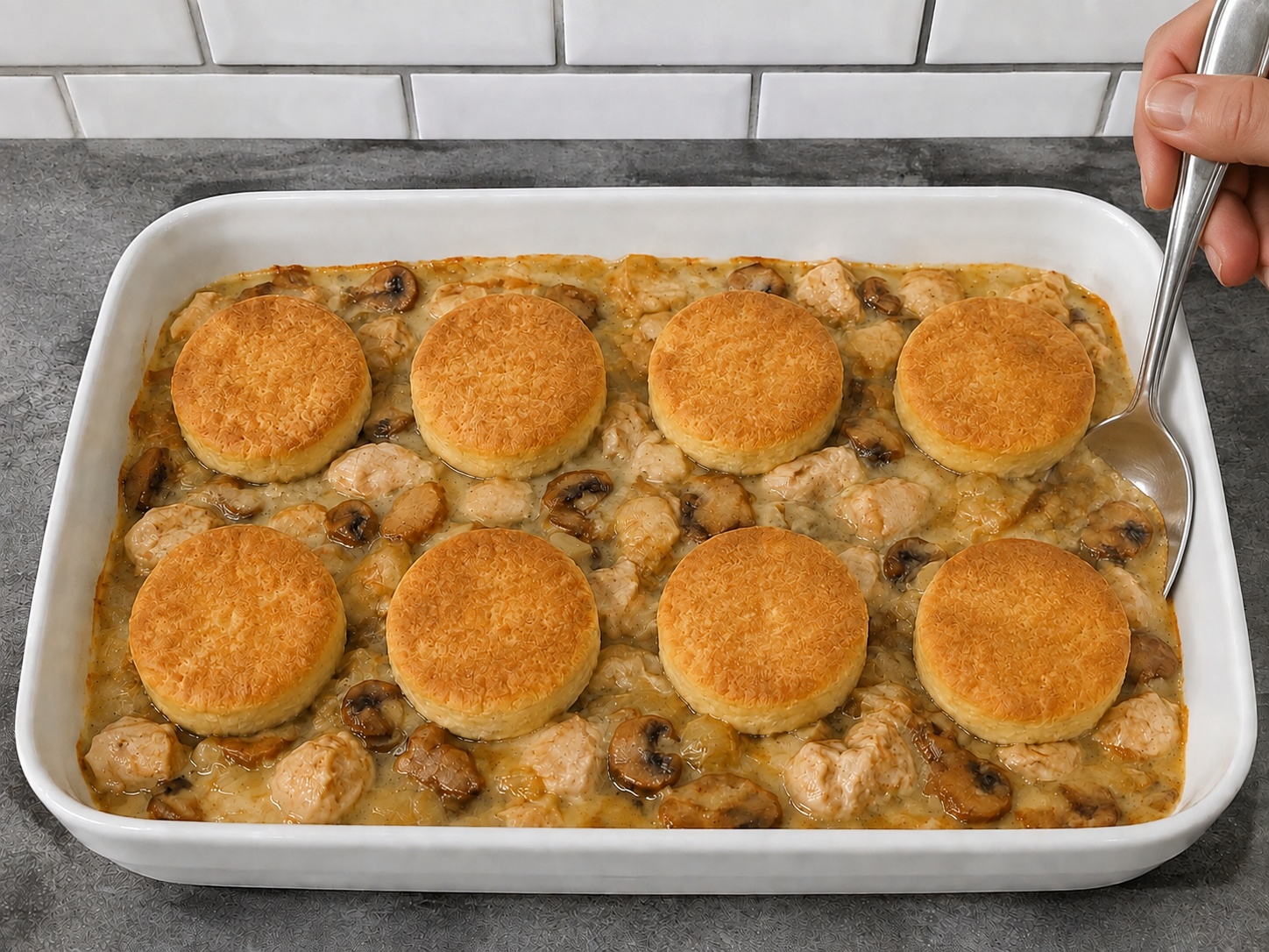 Cobbler Suet Ayam dan Jamur Inggris — Diamkan dan sajikan: Diamkan 5 menit lalu sajikan dengan kuah.