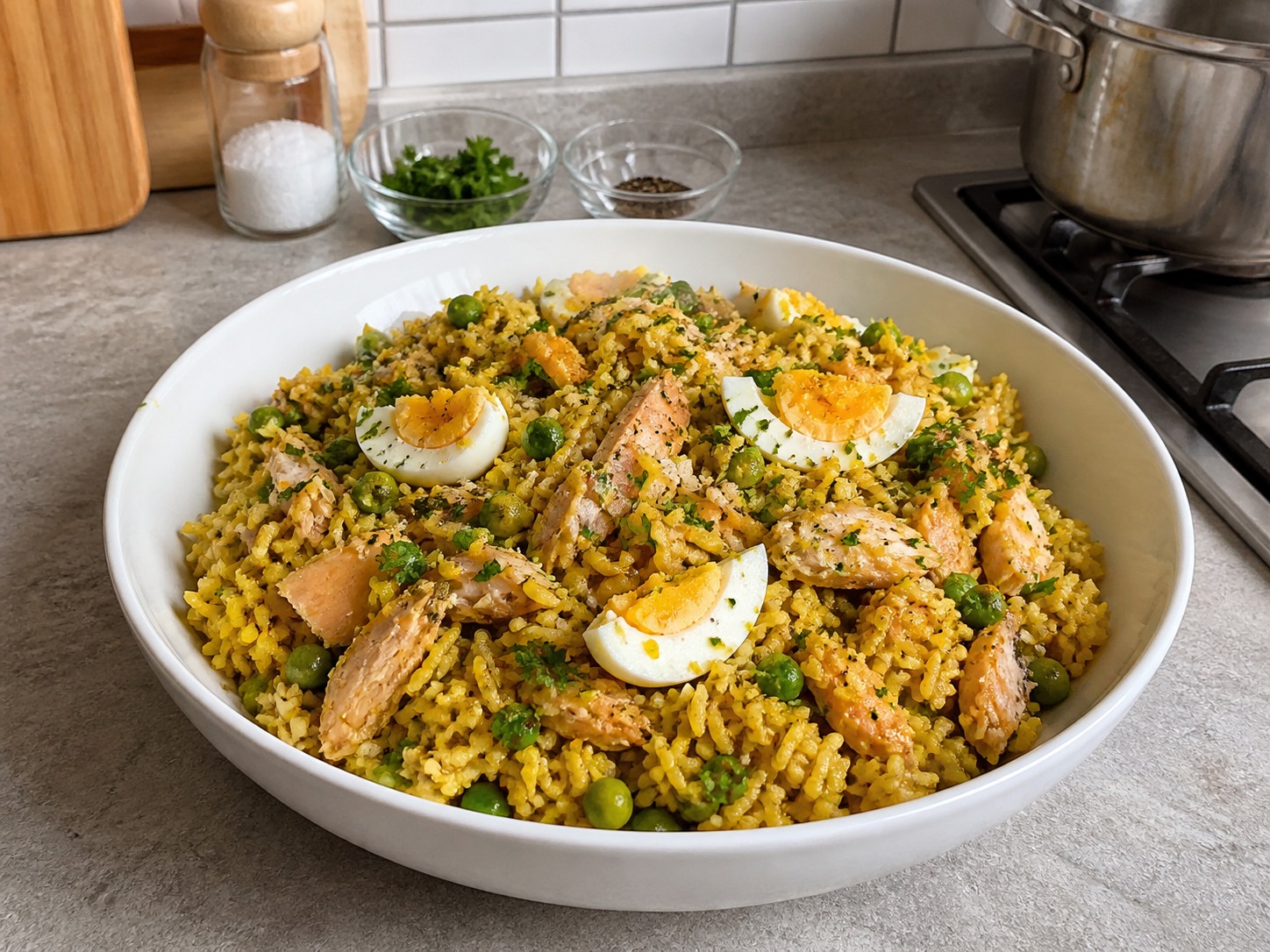 Britanikong Kedgeree na may Pinausukang Isda at Itlog — tapos na putahe