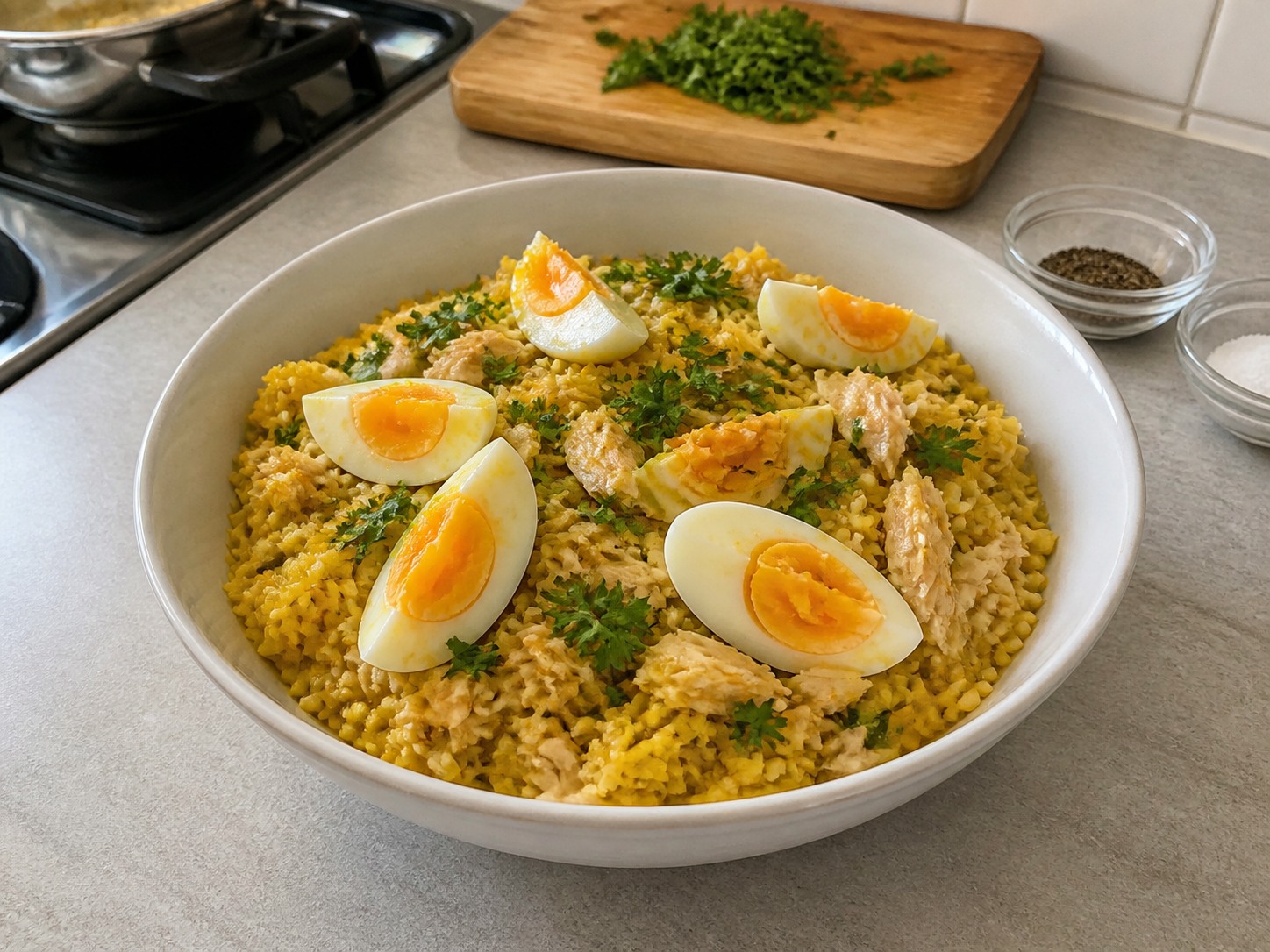 英式煙魚雞蛋咖喱飯 — 灑香草上桌