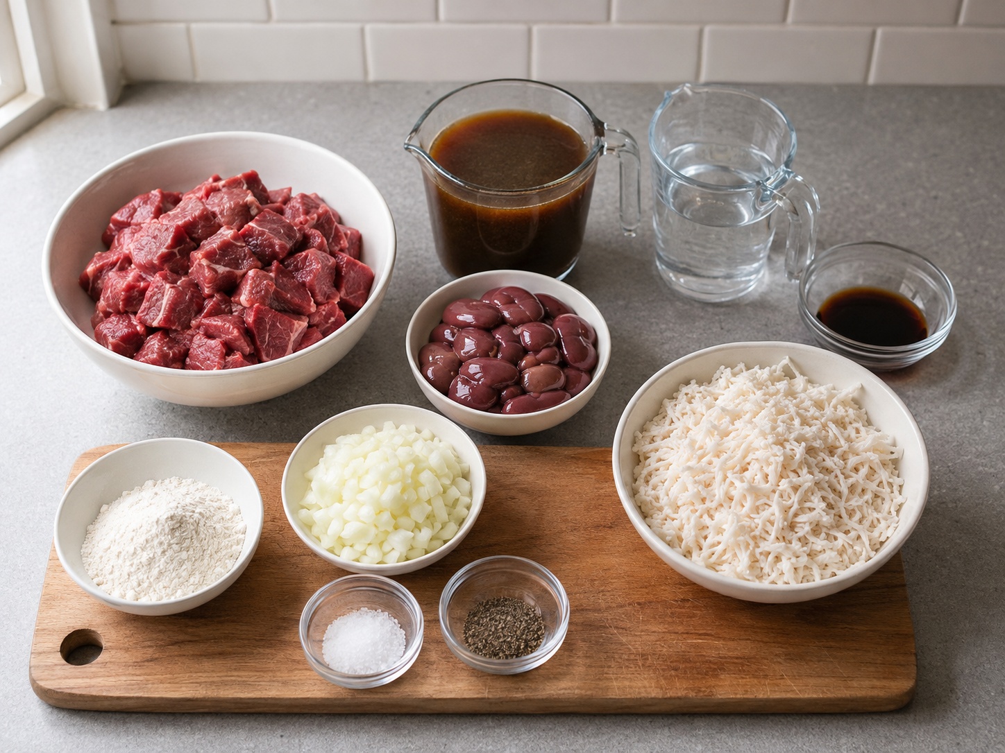 Puding Suet Daging Sapi dan Ginjal Inggris: 600 g daging bahu sapi, 250 g ginjal sapi, 1 buah bawang bombai, 300 g tepung terigu serbaguna, 150 g suet sapi parut, 350 ml kaldu sapi, 1 sdm Saus Worcestershire, 1 sdt garam, 1 sdt Lada hitam, 150 ml air