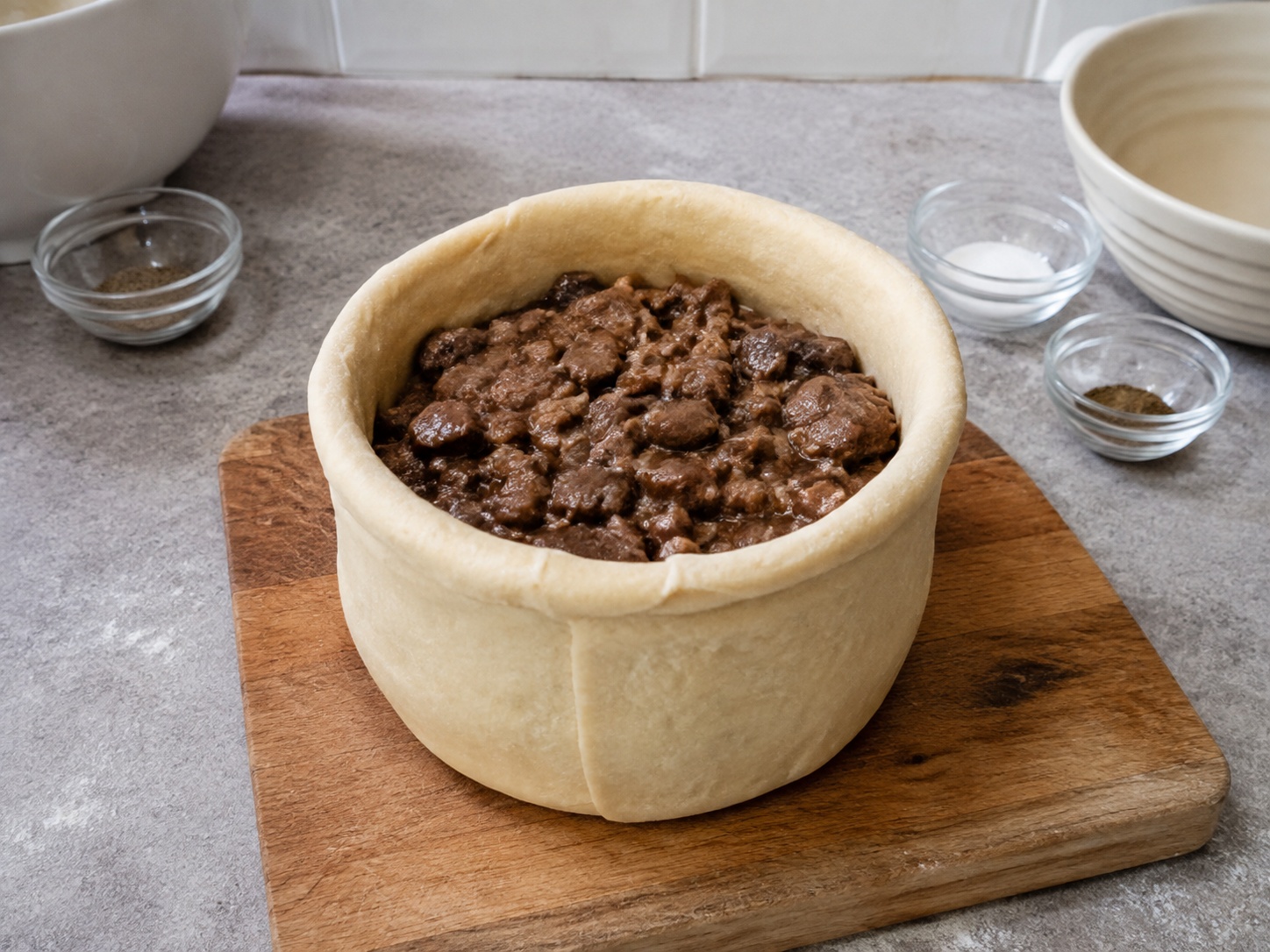 Puding Suet Daging Sapi dan Ginjal Inggris — Isi puding: Masukkan isian daging dan ginjal dingin ke adonan.