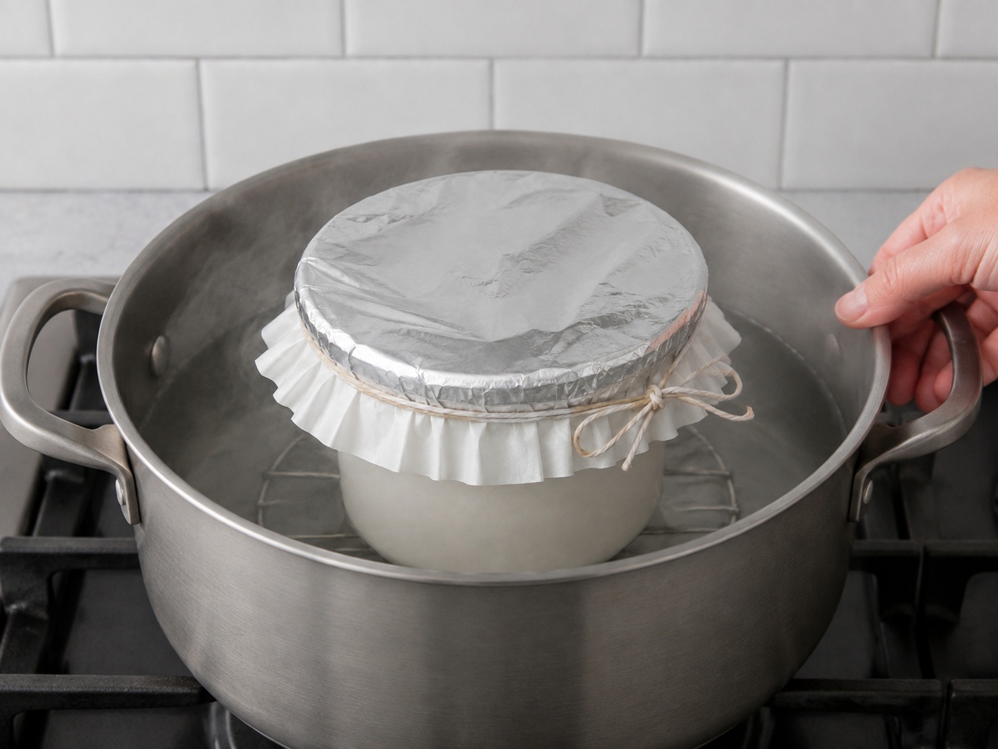 Puding Suet Daging Sapi dan Ginjal Inggris — Kukus puding: Kukus tertutup 3 jam dengan uap stabil sambil menambah air panas.