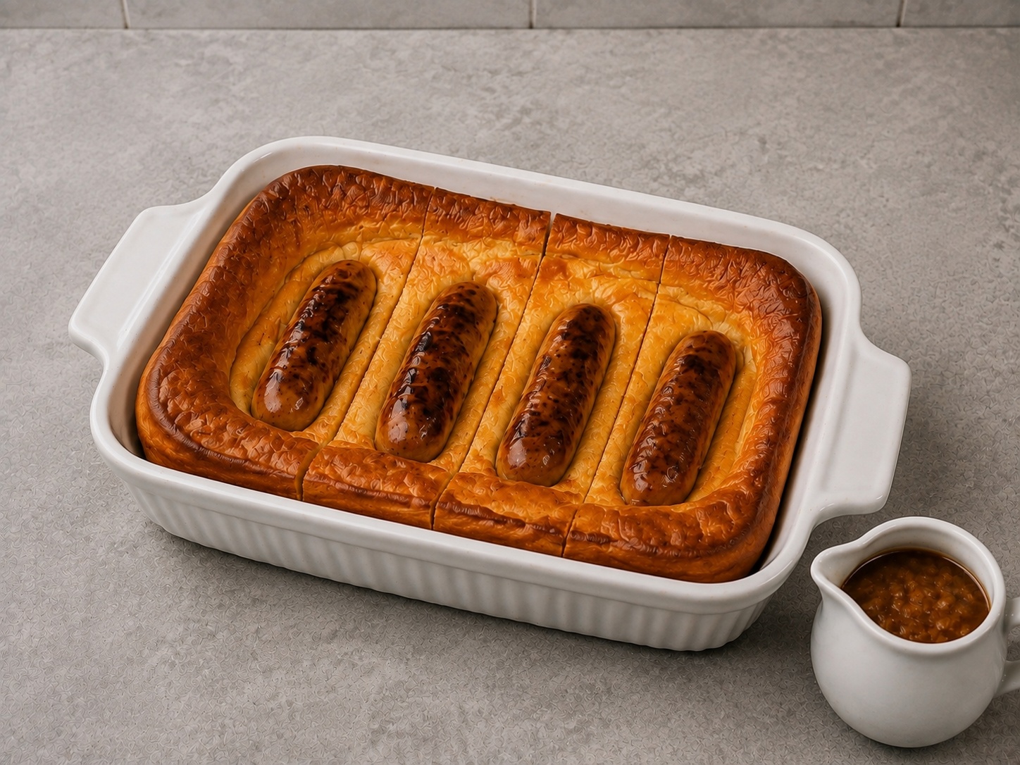 Sosis Panggang Adonan Yorkshire dengan Saus Bawang Inggris: Sosis babi dipanggang dalam adonan Yorkshire yang mengembang dan disajikan dengan saus bawang gurih.