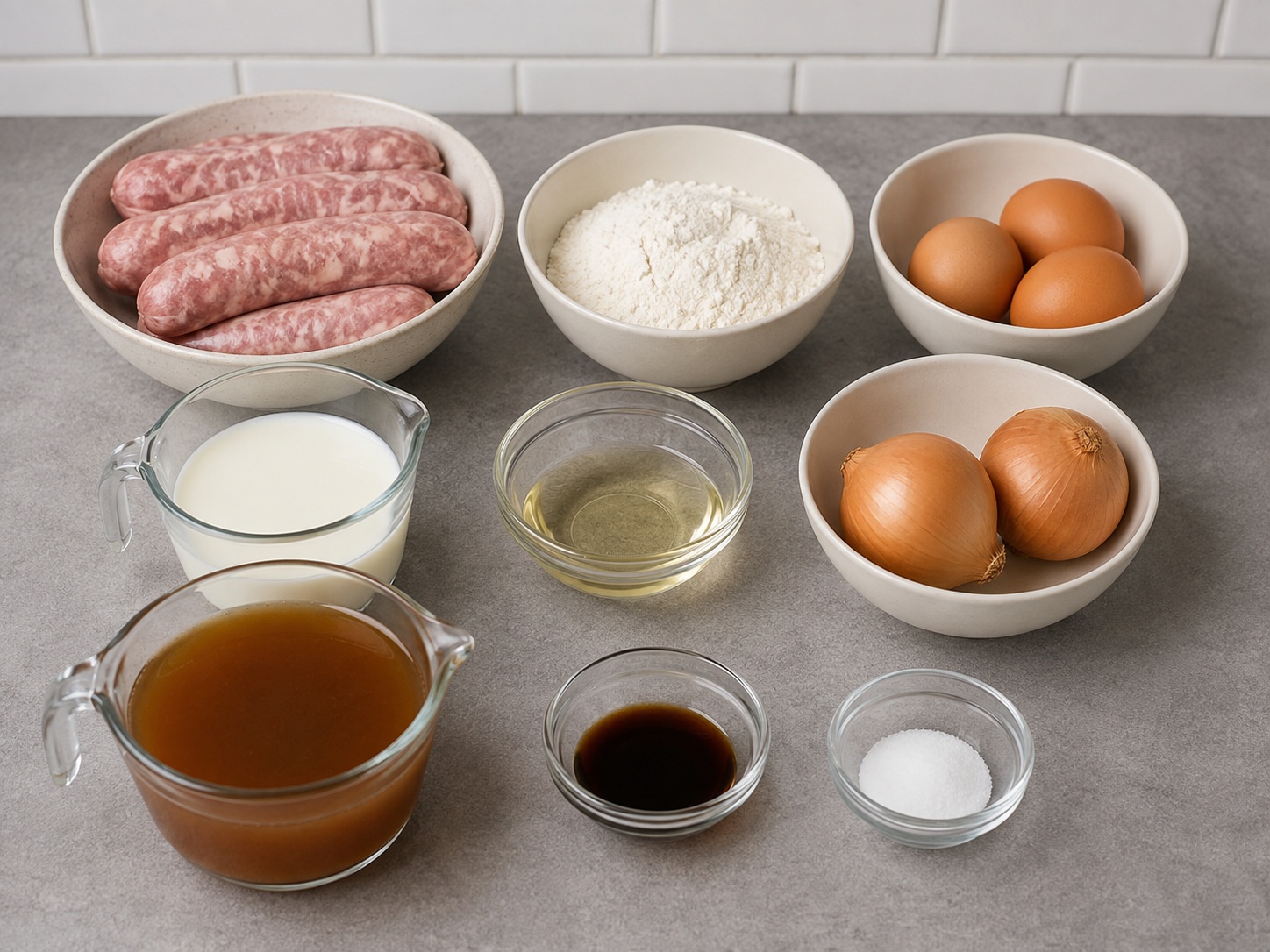 British Toad in the Hole na may Onion Gravy: 500 g sausage na baboy, 140 g harinang pangkalahatan, 3 piraso itlog, 200 ml gatas, 2 kutsara mantika, 2 piraso sibuyas, 400 ml sabaw ng baka, 1 kutsara Worcestershire sauce, 1 kutsarita asin