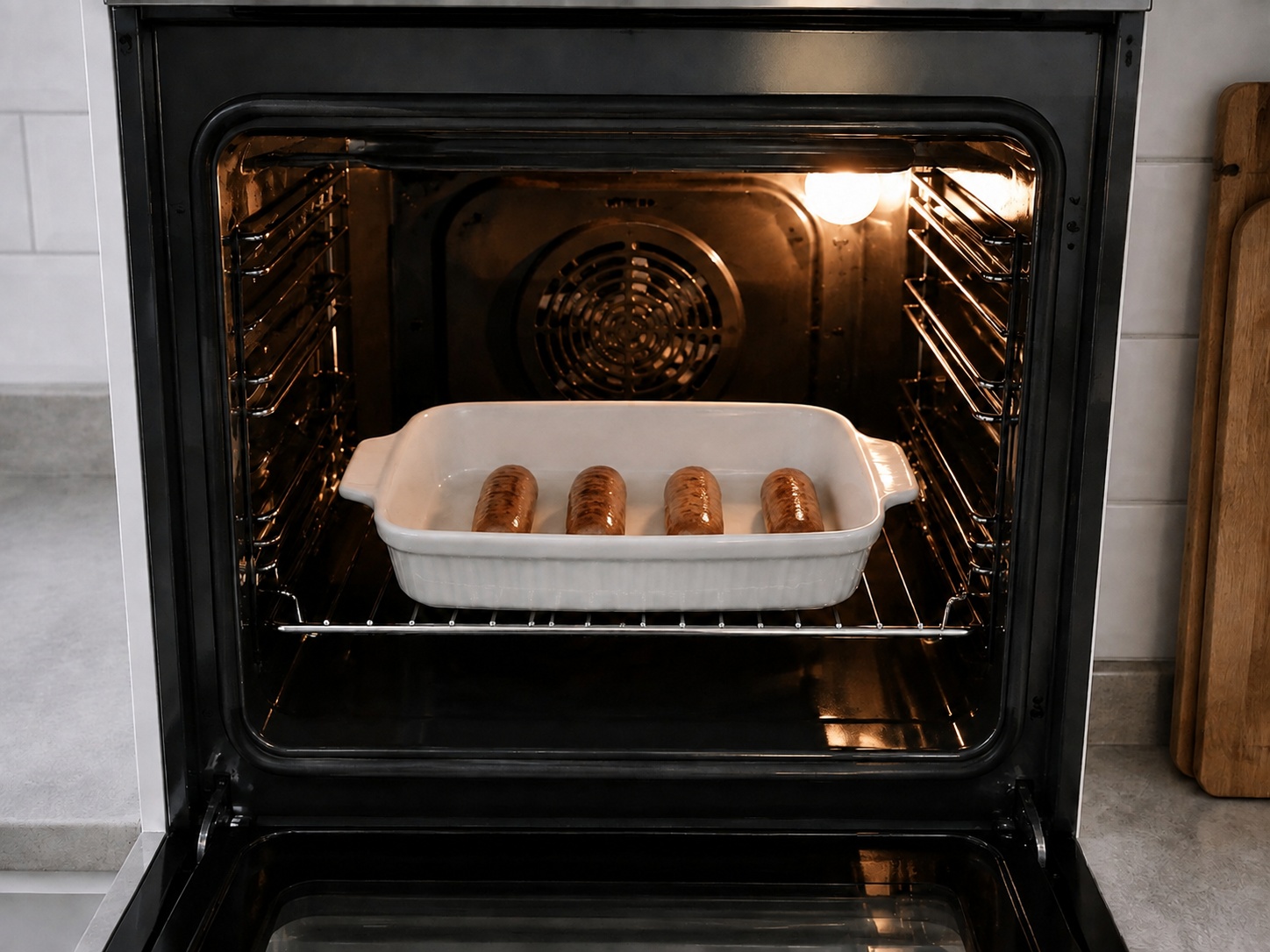British Toad in the Hole na may Onion Gravy — Ayusin ang sausage: Ayusin ang sausage sa mainit na baking dish.