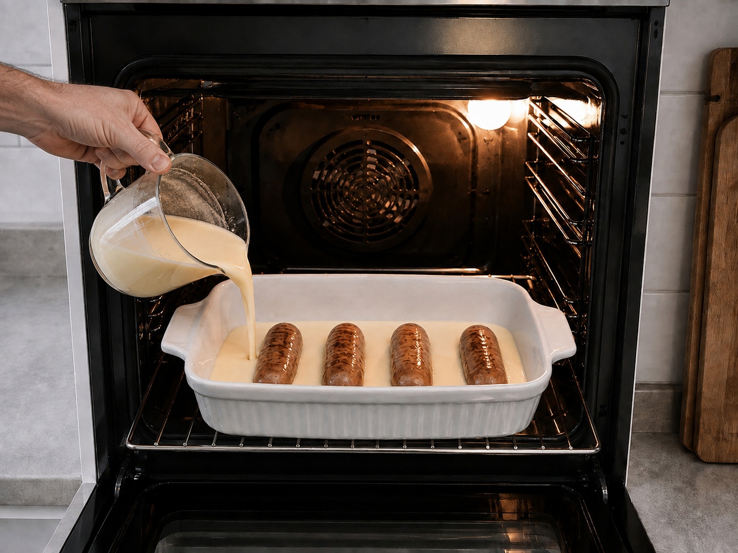British Toad in the Hole na may Onion Gravy — Ibuhos ang batter: Agad na ibuhos ang batter sa paligid ng sausage.