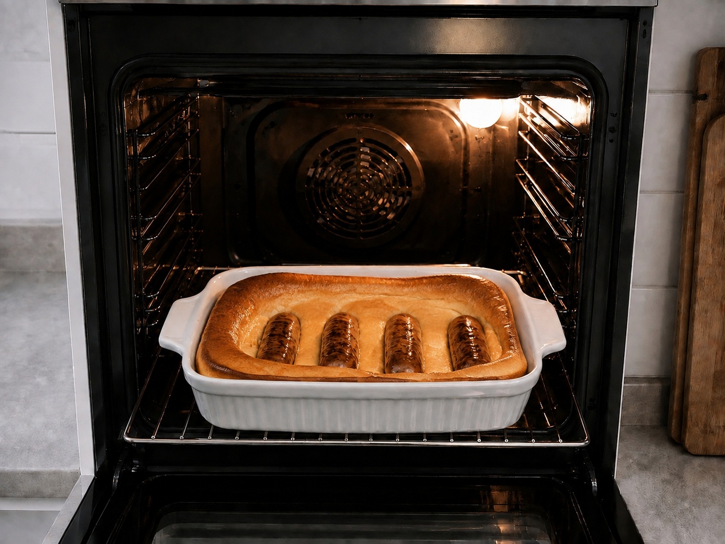 British Toad in the Hole na may Onion Gravy — I-bake hanggang umalsa: I-bake sa 220°C nang 25 minuto nang hindi binubuksan ang pinto.