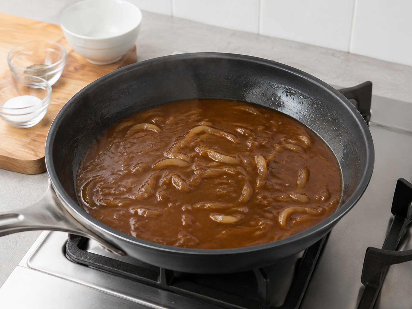 British Toad in the Hole na may Onion Gravy — Gawin ang onion gravy: Idagdag ang stock at Worcestershire sauce sa sibuyas at pakuluan nang 10 minuto hanggang lumapot.