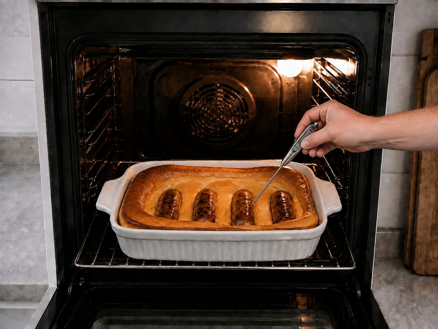 British Toad in the Hole na may Onion Gravy — Suriin ang sausage: Tiyaking luto ang sausage at tuyo ang ilalim ng batter.
