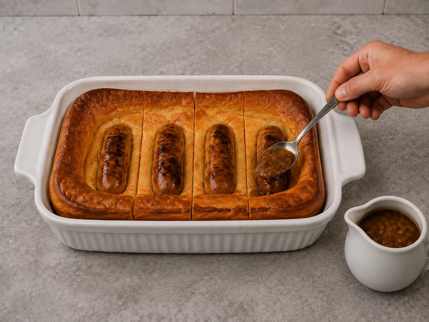 British Toad in the Hole na may Onion Gravy — Ihain na may gravy: Hiwain sa apat at ihain na may mainit na onion gravy.