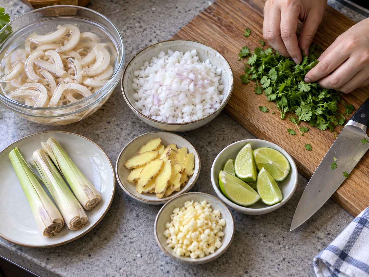 Burmese Mohinga Fish Rice Noodles — Prepare aromatics and toppings