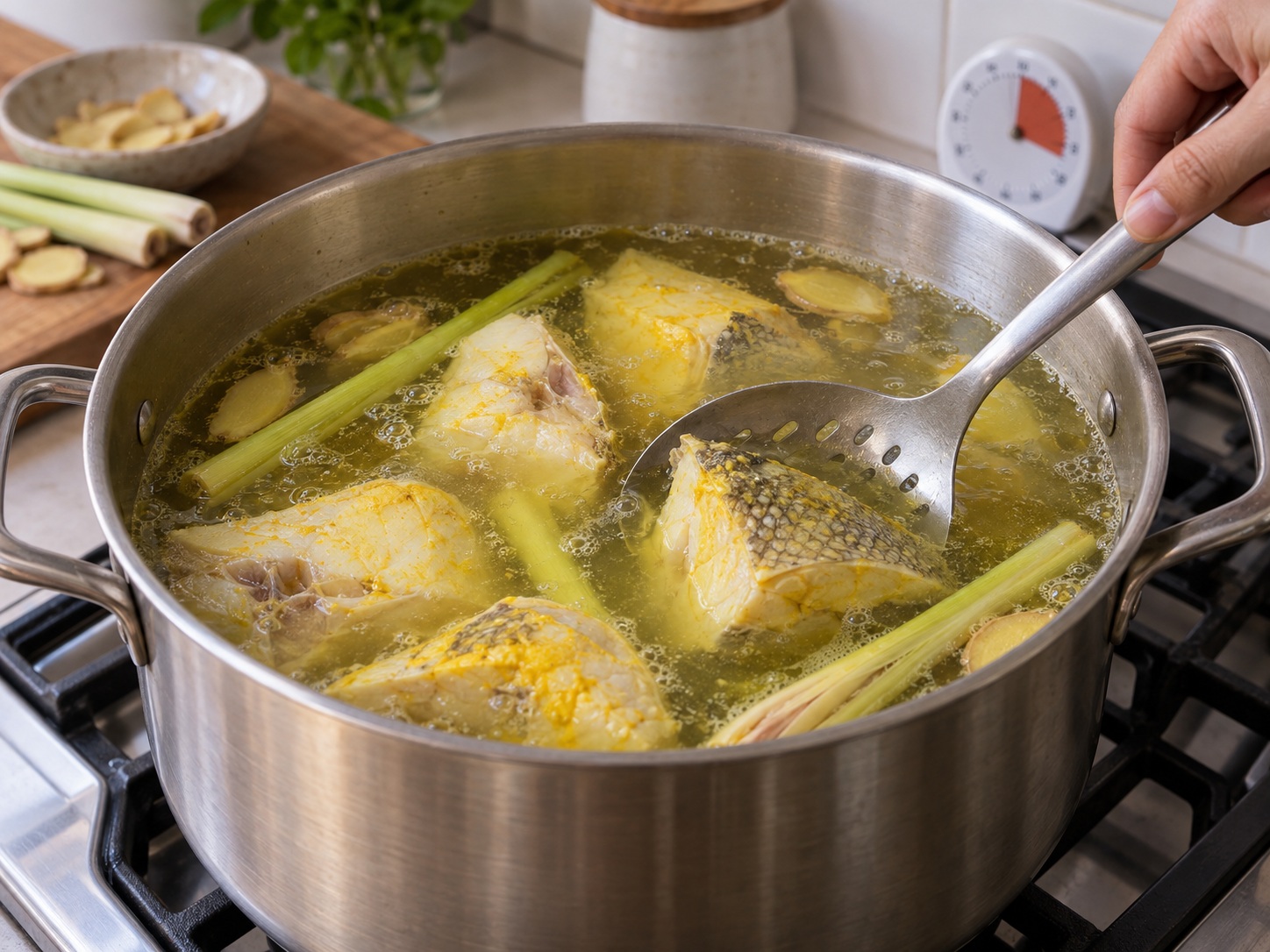 Burmese Mohinga Fish Rice Noodles — Poach fish with lemongrass