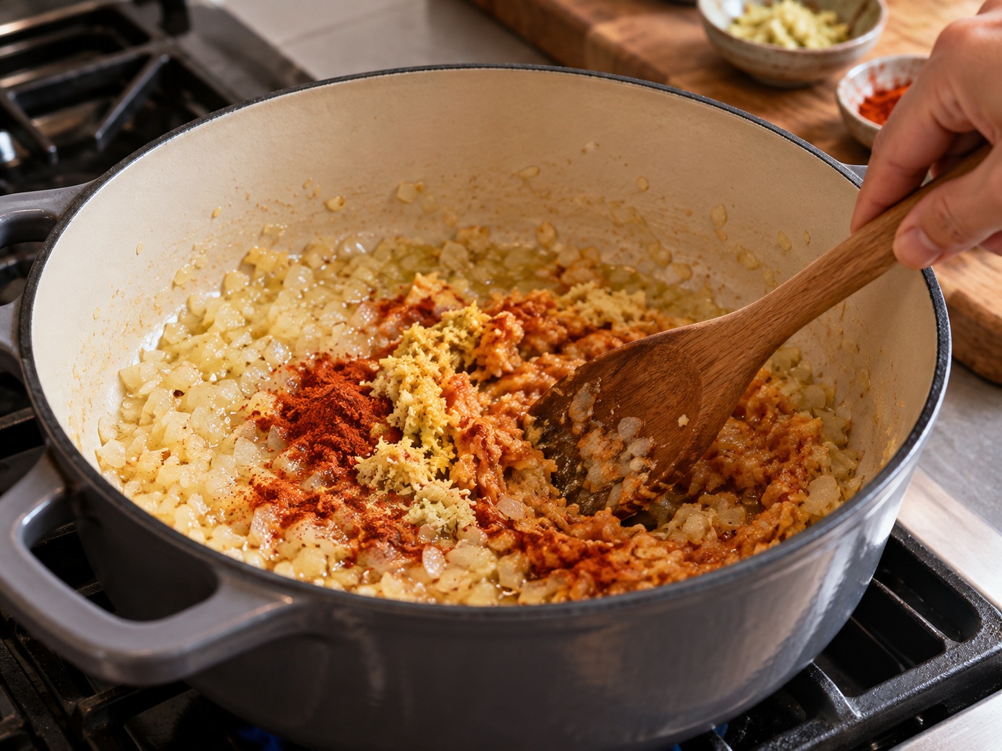 Burmese Mohinga Fish Rice Noodles — Fry onion and spice paste