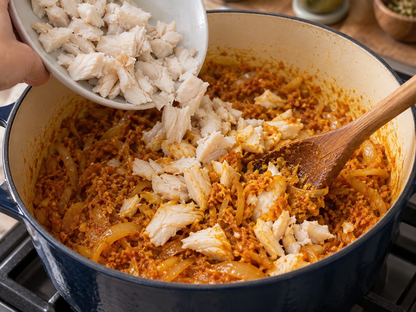 Burmese Mohinga Fish Rice Noodles — Fold in the fish