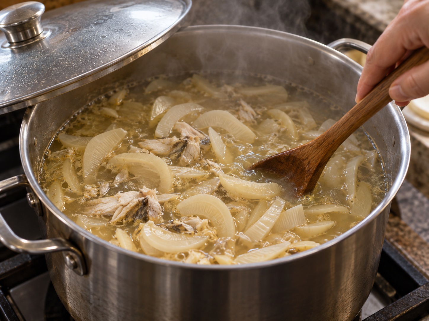 Burmese Mohinga Fish Rice Noodles — Simmer stock and banana stem