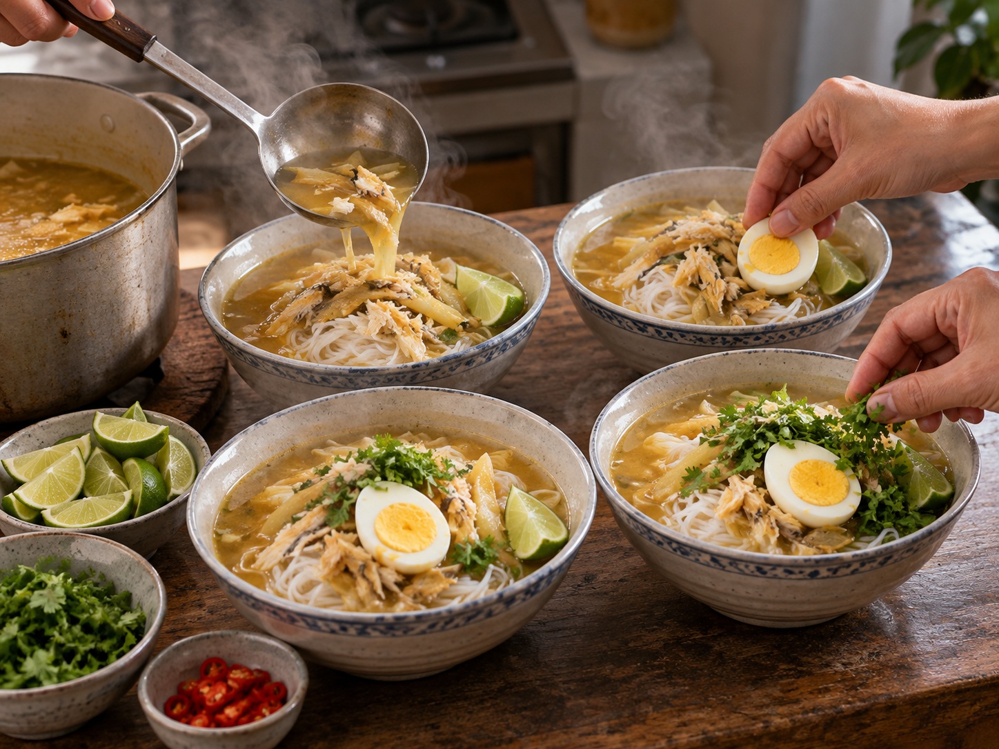 Burmese Mohinga Fish Rice Noodles — Assemble with family toppings
