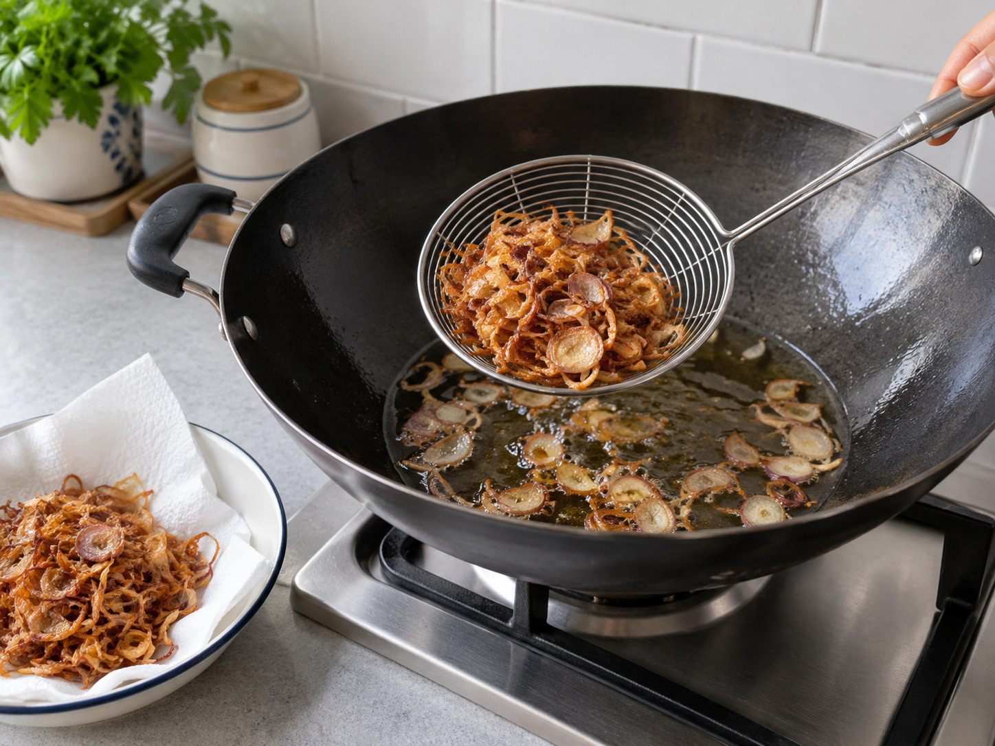 Salad Mi Beras Nan Gyi Thoke — Panaskan separuh minyak dalam wajan dan goreng bawang merah