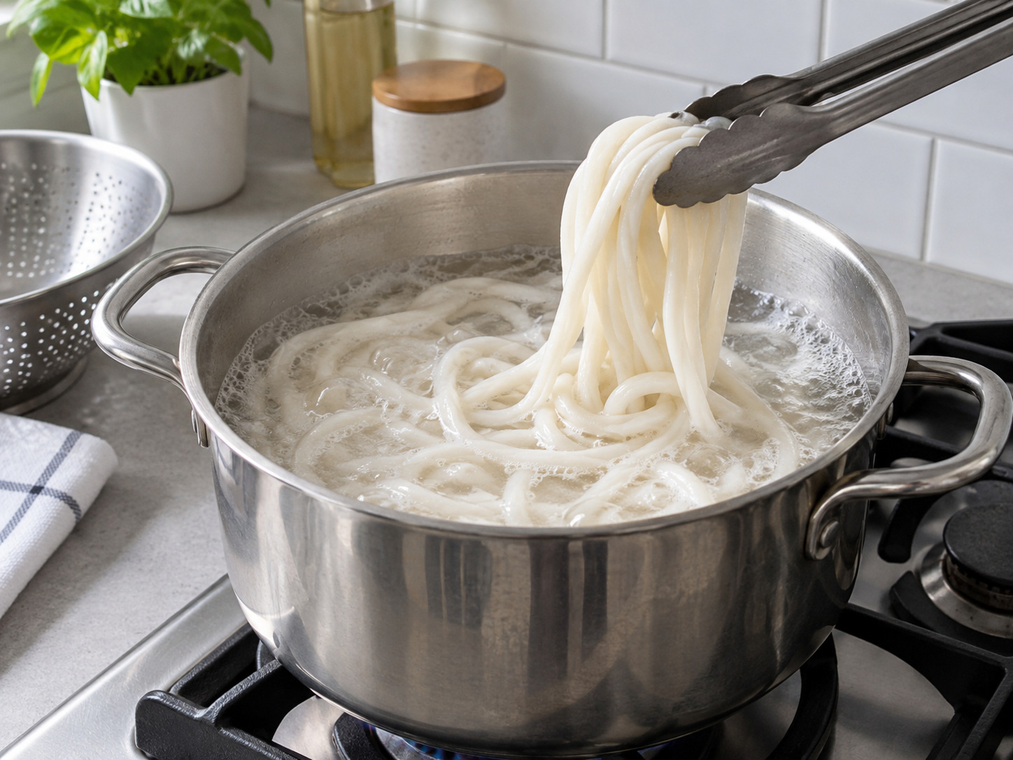 Salad Mi Beras Nan Gyi Thoke — Didihkan air dalam panci mi dan masak mi beras tebal segar sesuai petunjuk kemasan