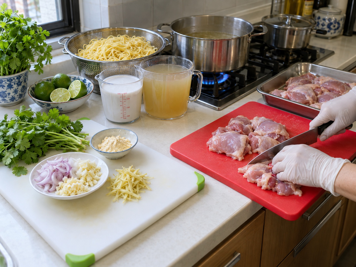 Burmese Coconut Chicken Noodles — Ihiwalay ang hilaw na manok