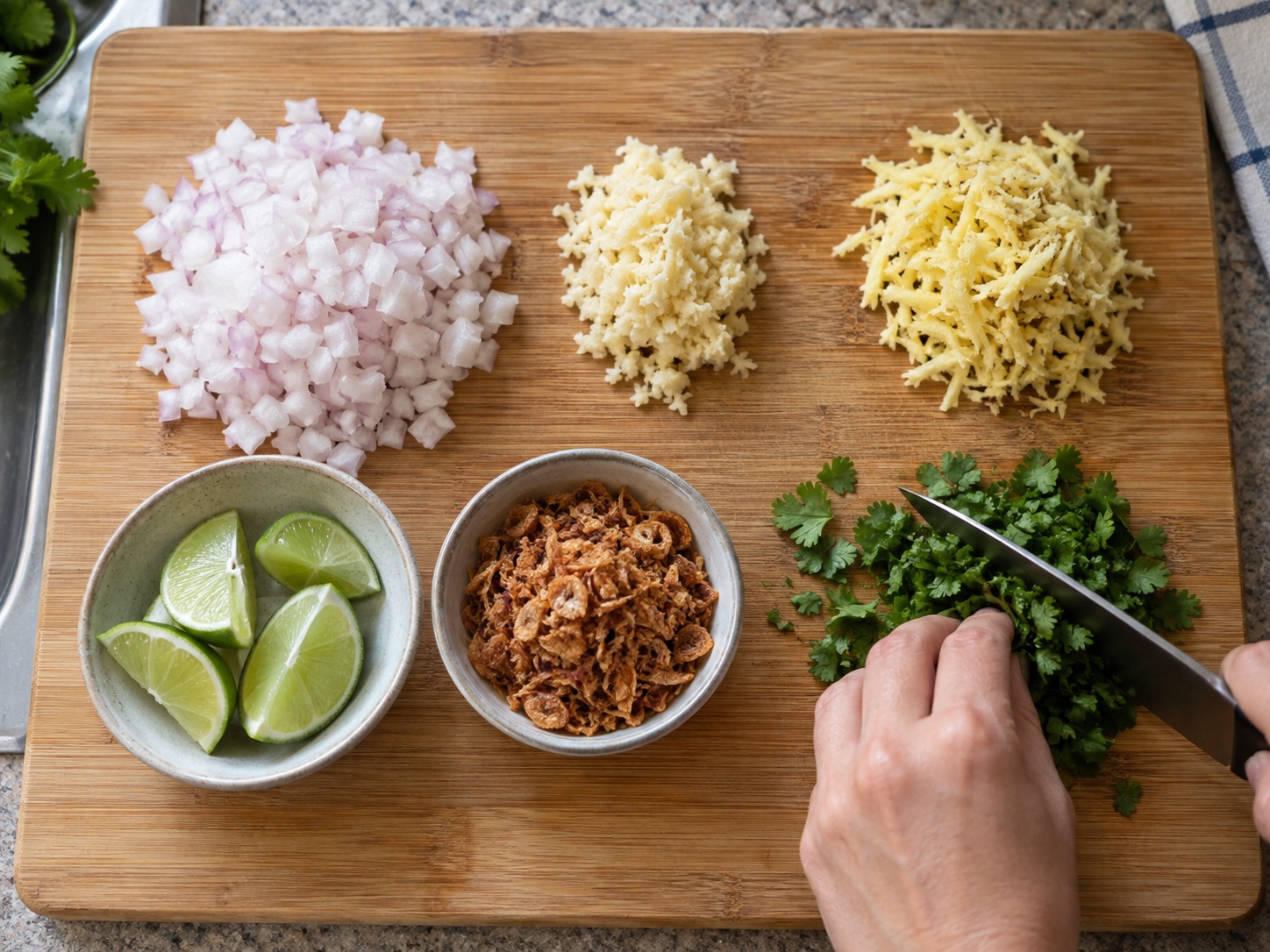 Burmese Coconut Chicken Noodles — Hiwain ang pampabango at garnish