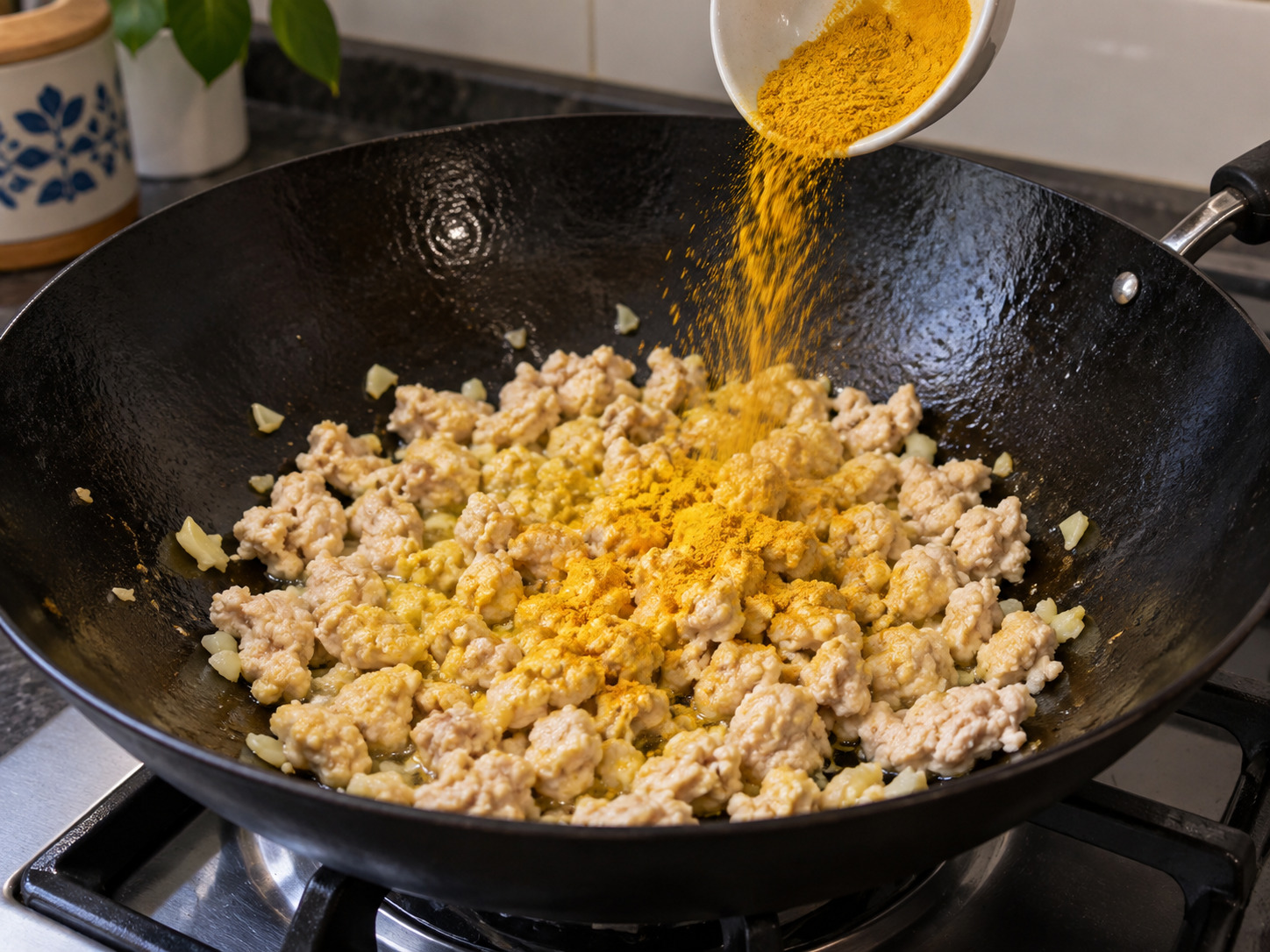 Mie Beras Ayam Shan Myanmar — Masukkan kunyit