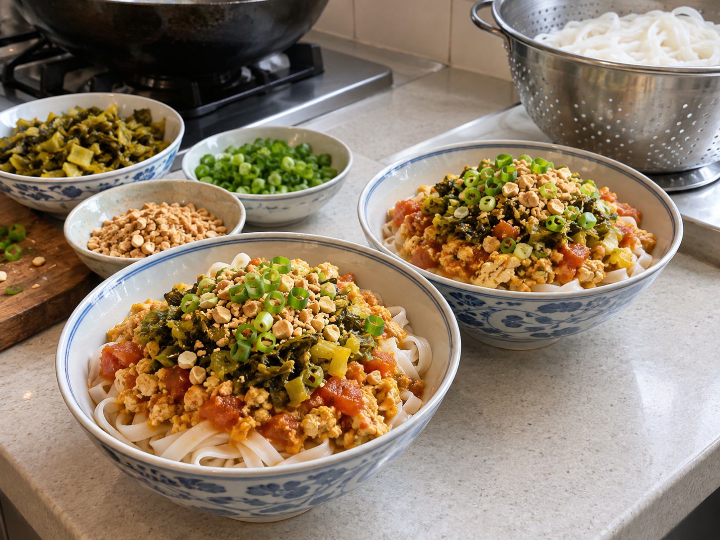 Mie Beras Ayam Shan Myanmar — Tabur sawi asin, kacang dan daun bawang
