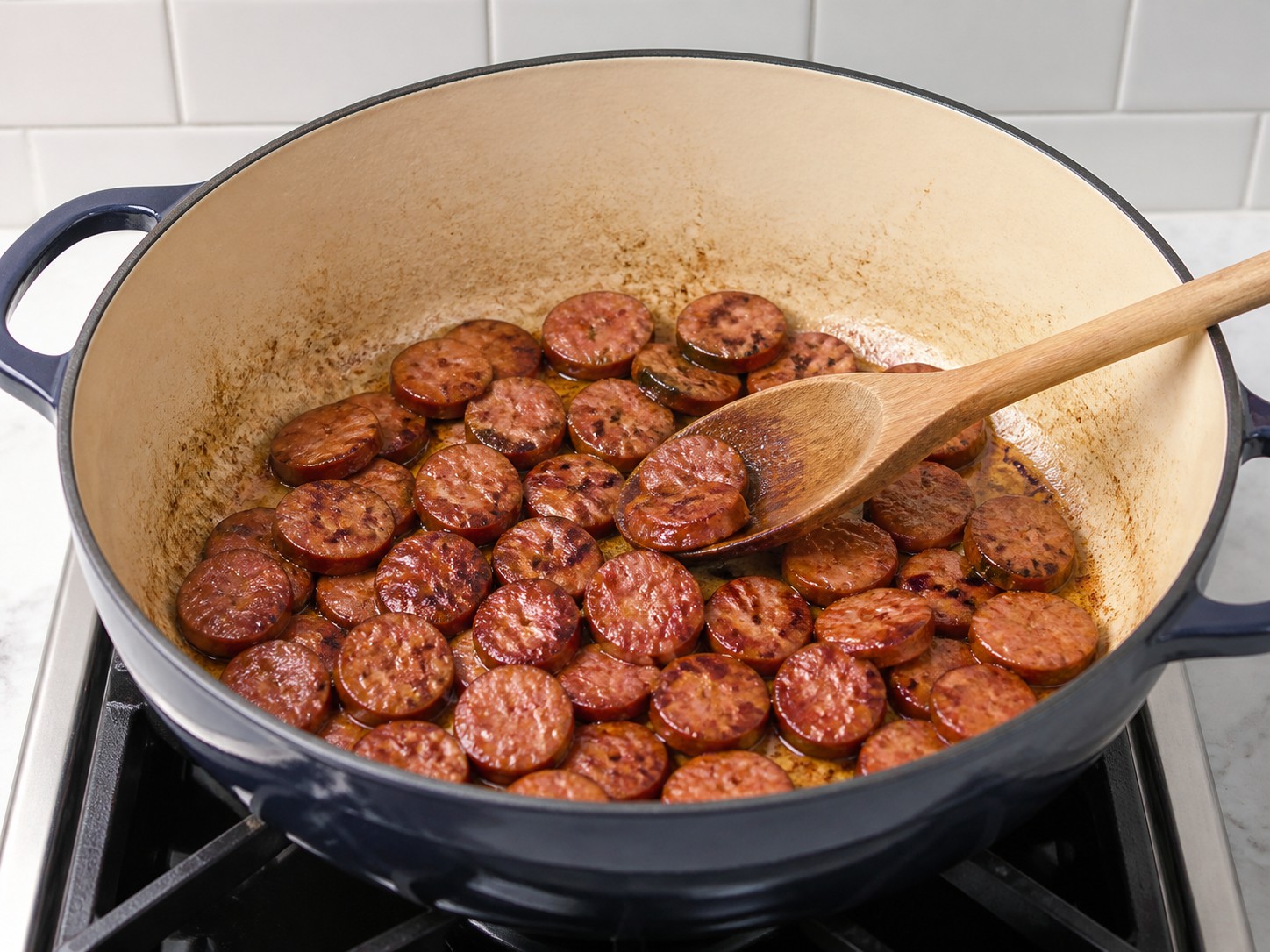 Cajun Jambalaya na may Manok at Sosis — Lutuin hanggang kayumanggi ang gilid ng sausage