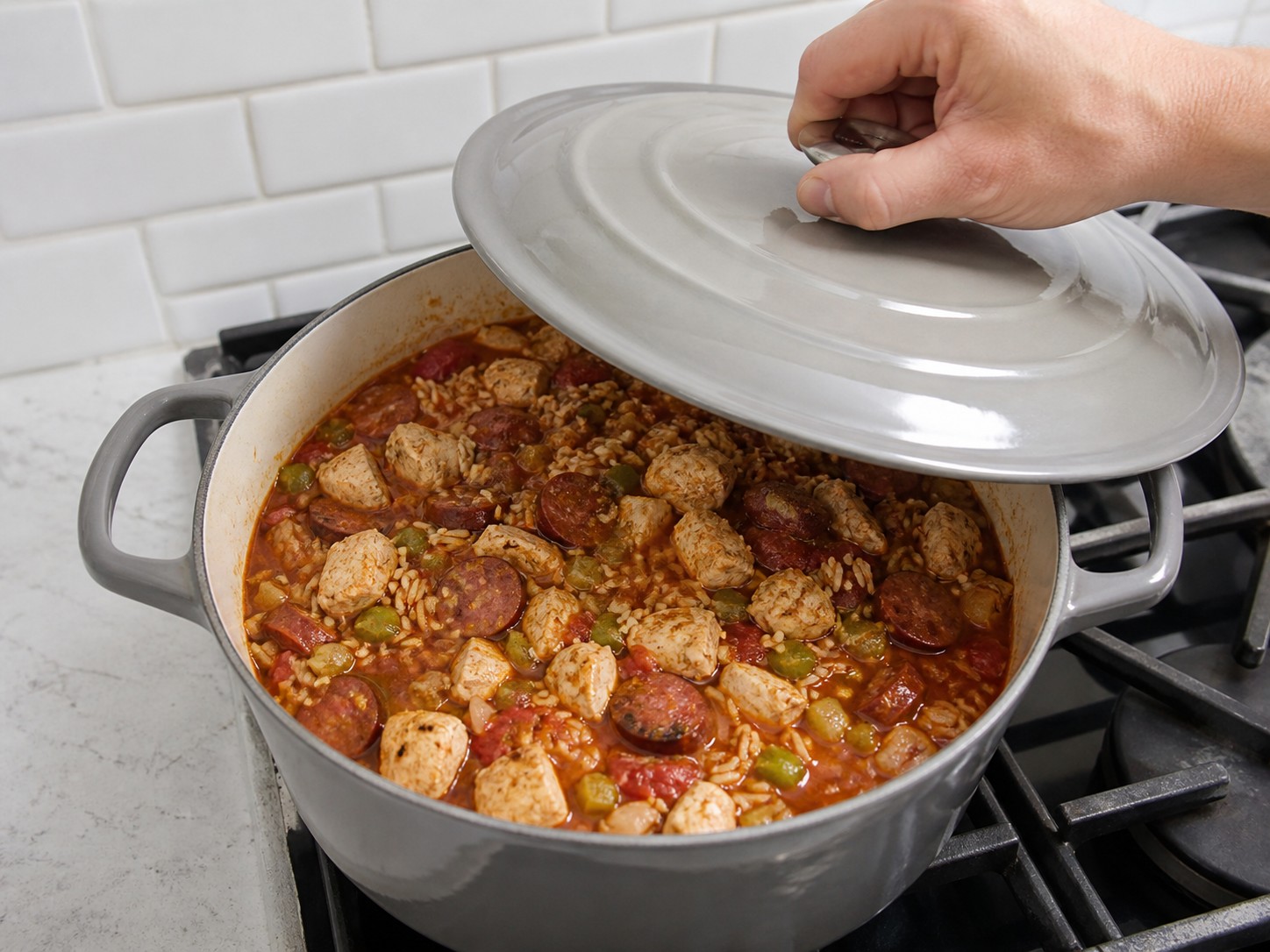 Cajun Jambalaya na may Manok at Sosis — Ibalik ang manok at sausage, takpan at pakuluan