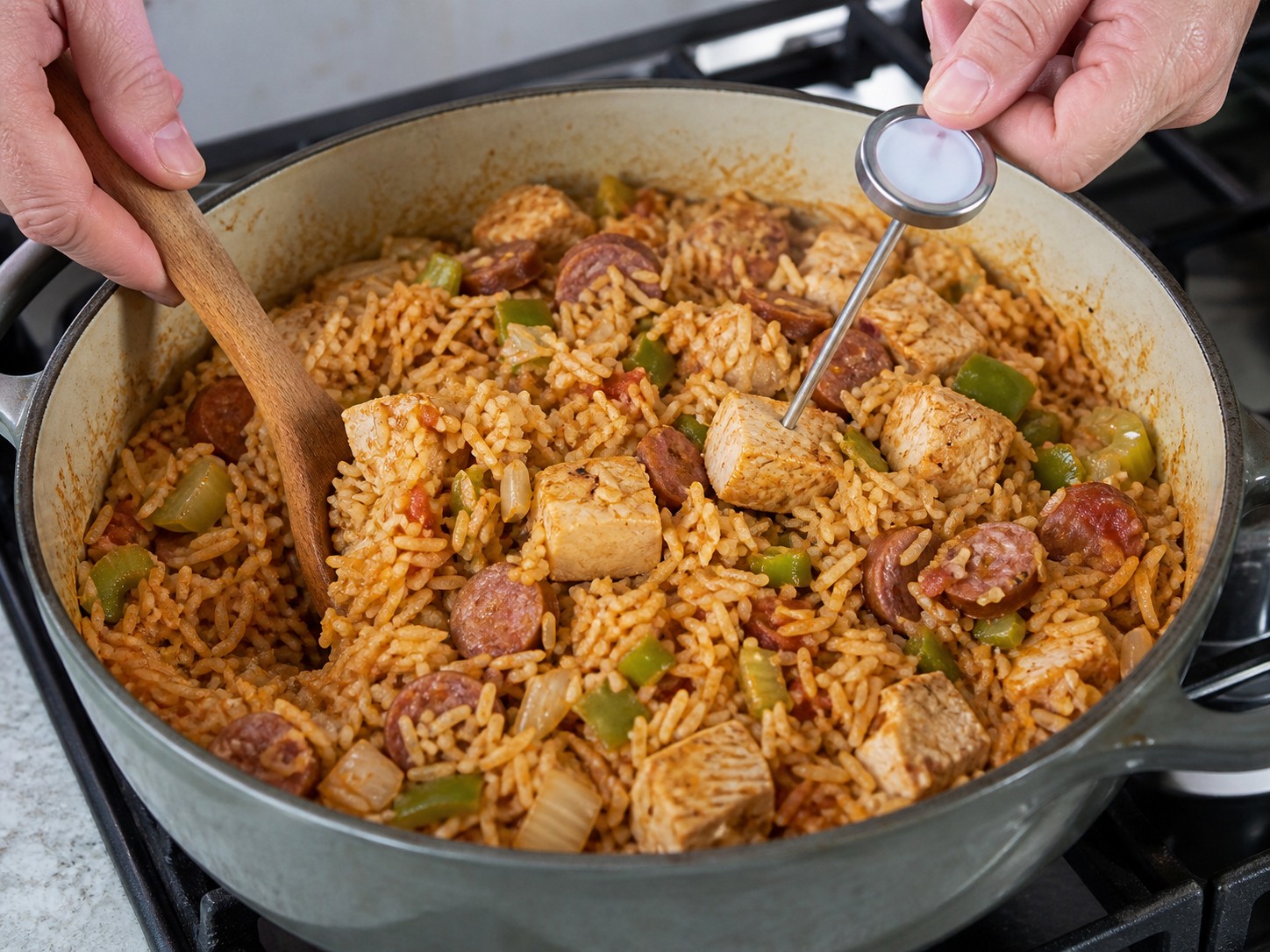 Cajun Jambalaya na may Manok at Sosis — Himayin ang kanin at tiyaking luto ang manok