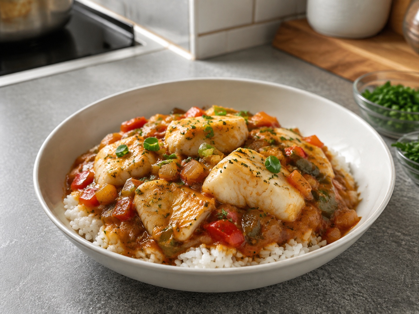 Cajun Fish Étouffée with Rice: White fish folds into a paprika vegetable roux gravy and is spooned over hot rice.