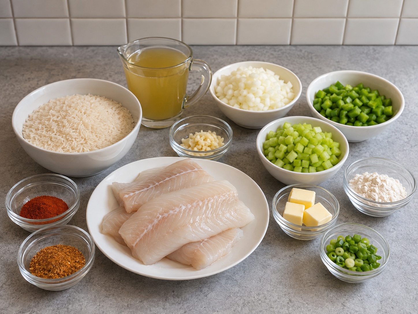 卡津魚柳濃汁飯: 600克 白肉魚柳, 250克 米, 1件 洋蔥, 2件 西芹, 1件 青椒, 2件 蒜頭, 50克 牛油, 50克 中筋麵粉, 500毫升 魚湯, 1湯匙 甜椒粉, 1茶匙 Cajun調味粉, 2件 蔥
