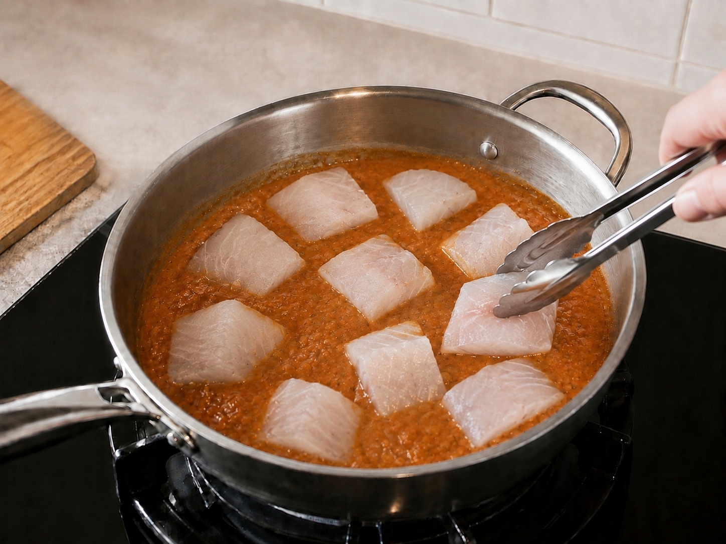 卡津魚柳濃汁飯 — 加入魚柳: 魚件單層放入濃汁。
