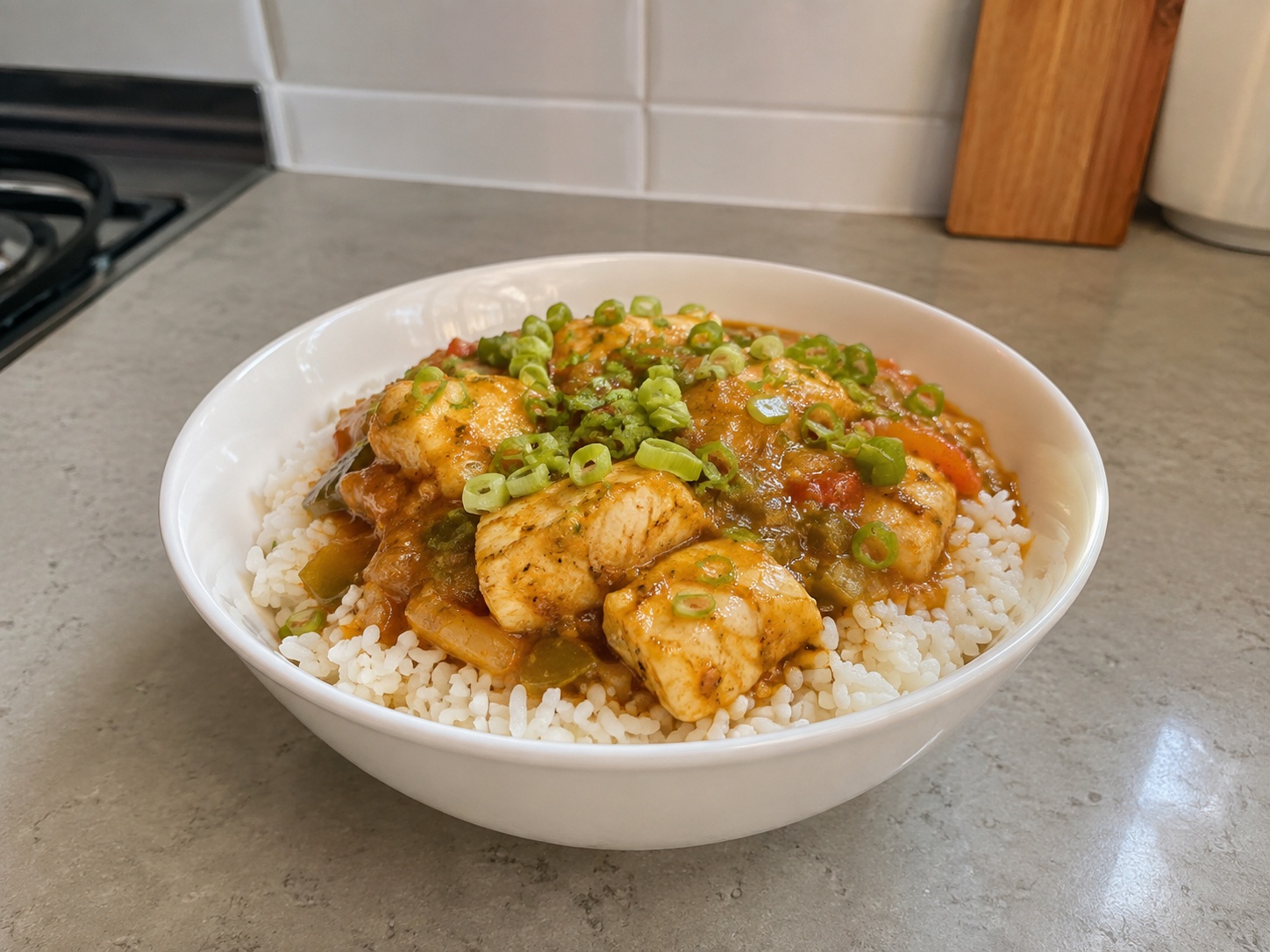 卡津魚柳濃汁飯 — 濃汁魚配飯: 魚柳濃汁盛在白飯上,撒蔥花。