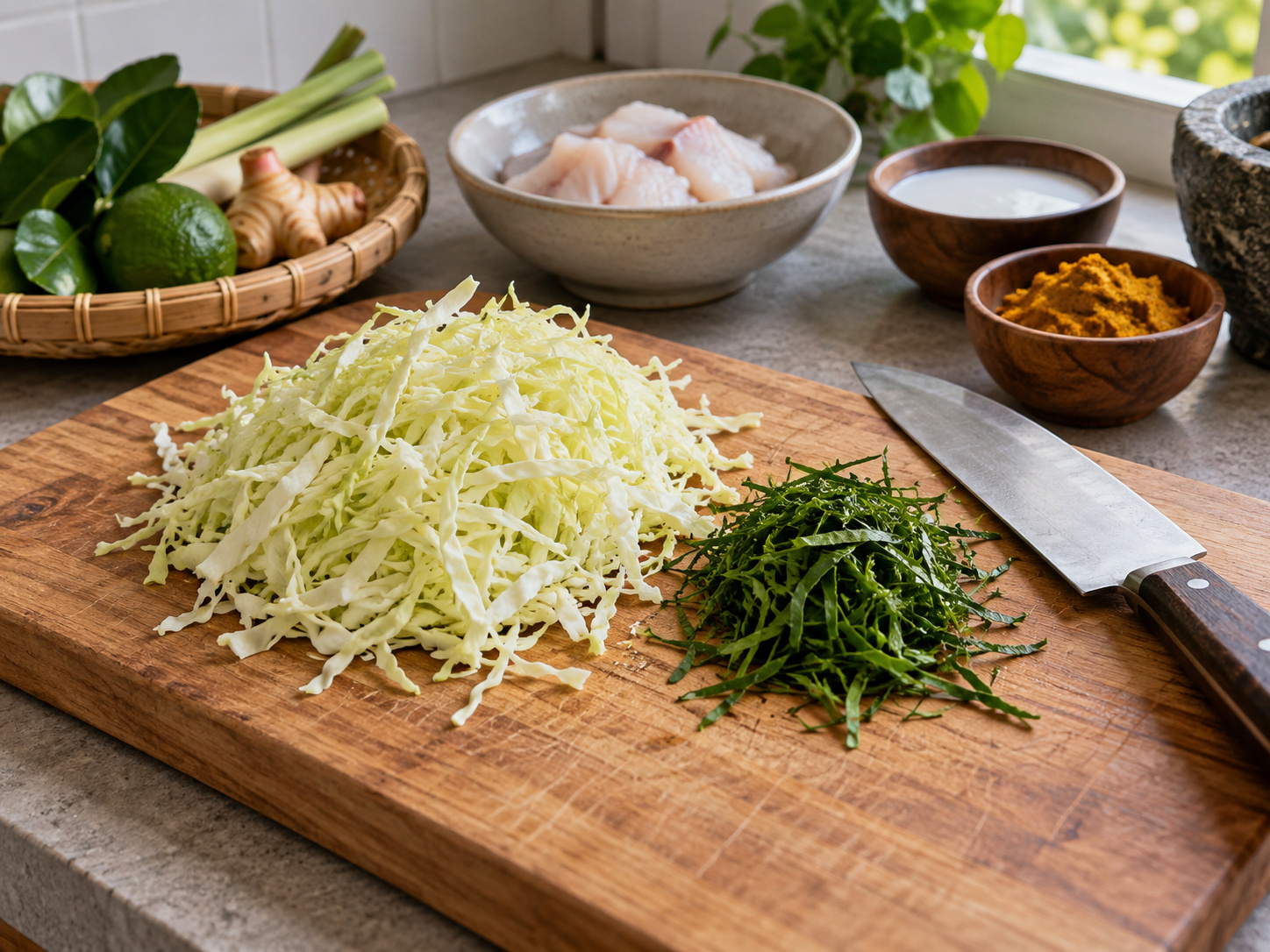 Cambodian Fish Amok — Hiwain ang repolyo at dahon