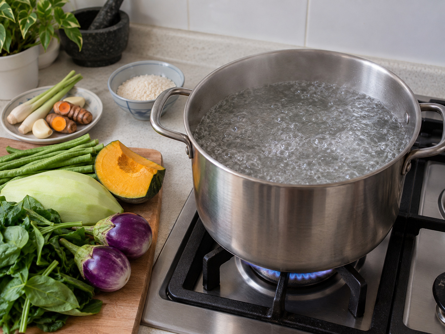 柬埔寨雜菜香料湯 Samlor Korko — 湯鍋加水煮滾