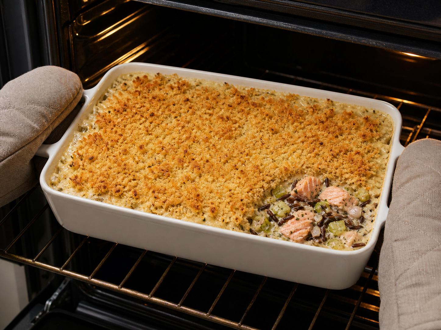 Canadian Salmon at Wild Rice Casserole — Ihurno hanggang bumubula at luto ang salmon