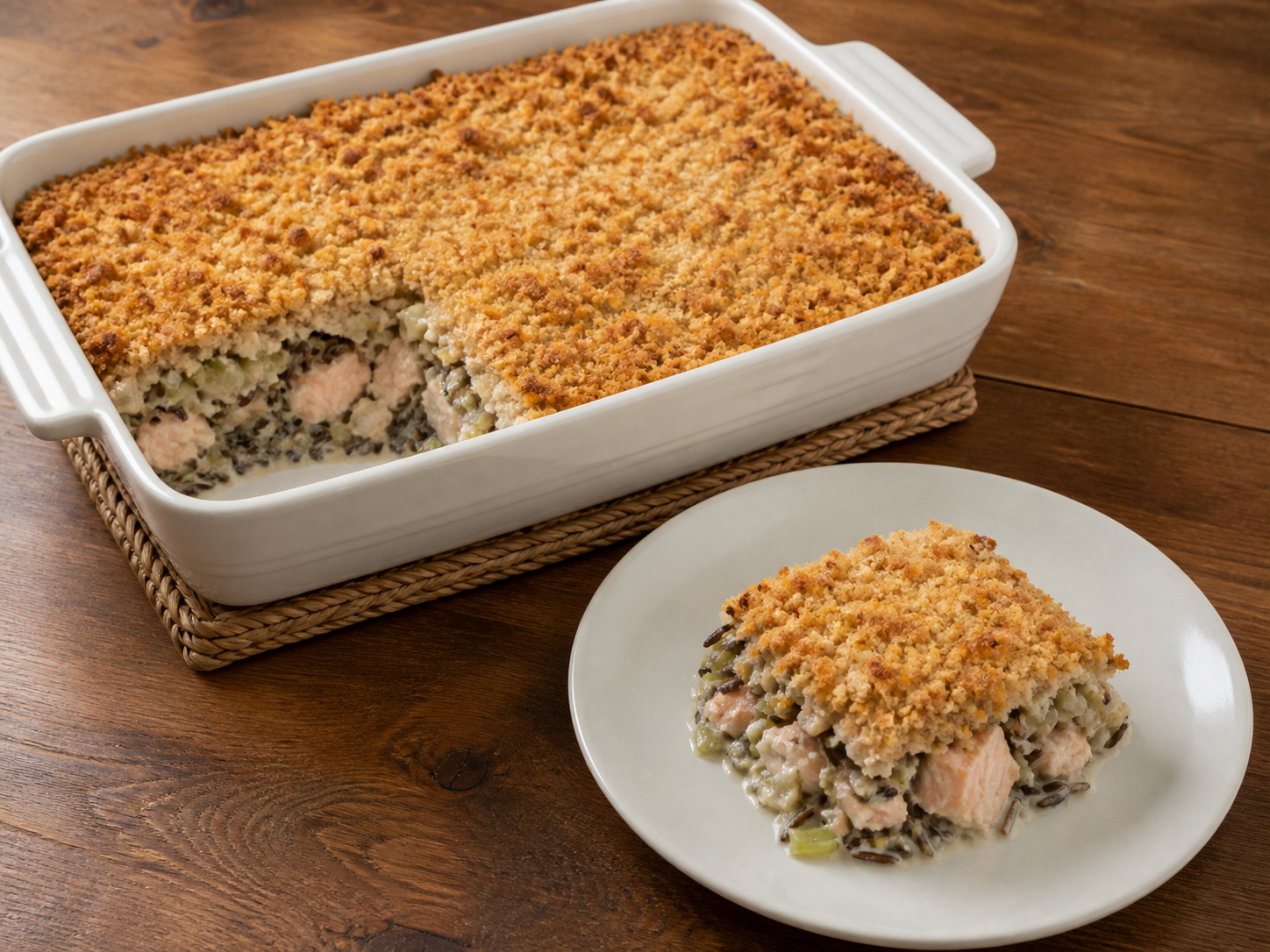 Canadian Salmon at Wild Rice Casserole — Pahingahin nang sampung minuto bago hatiin