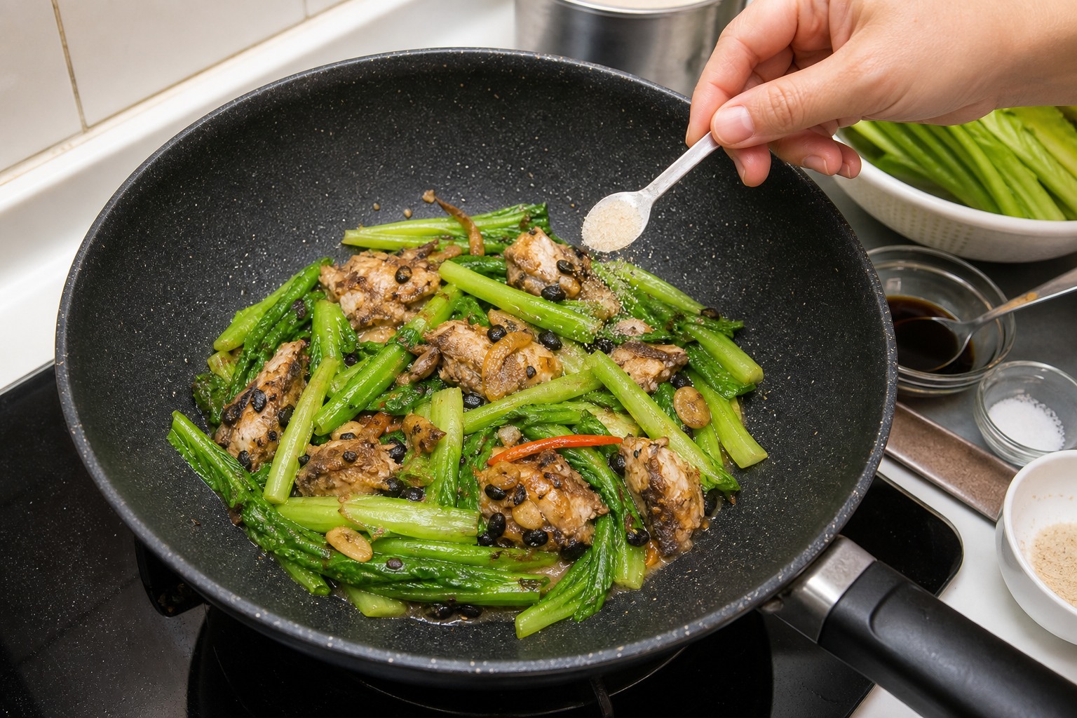 豆豉鯪魚炒油麥菜:試味調整