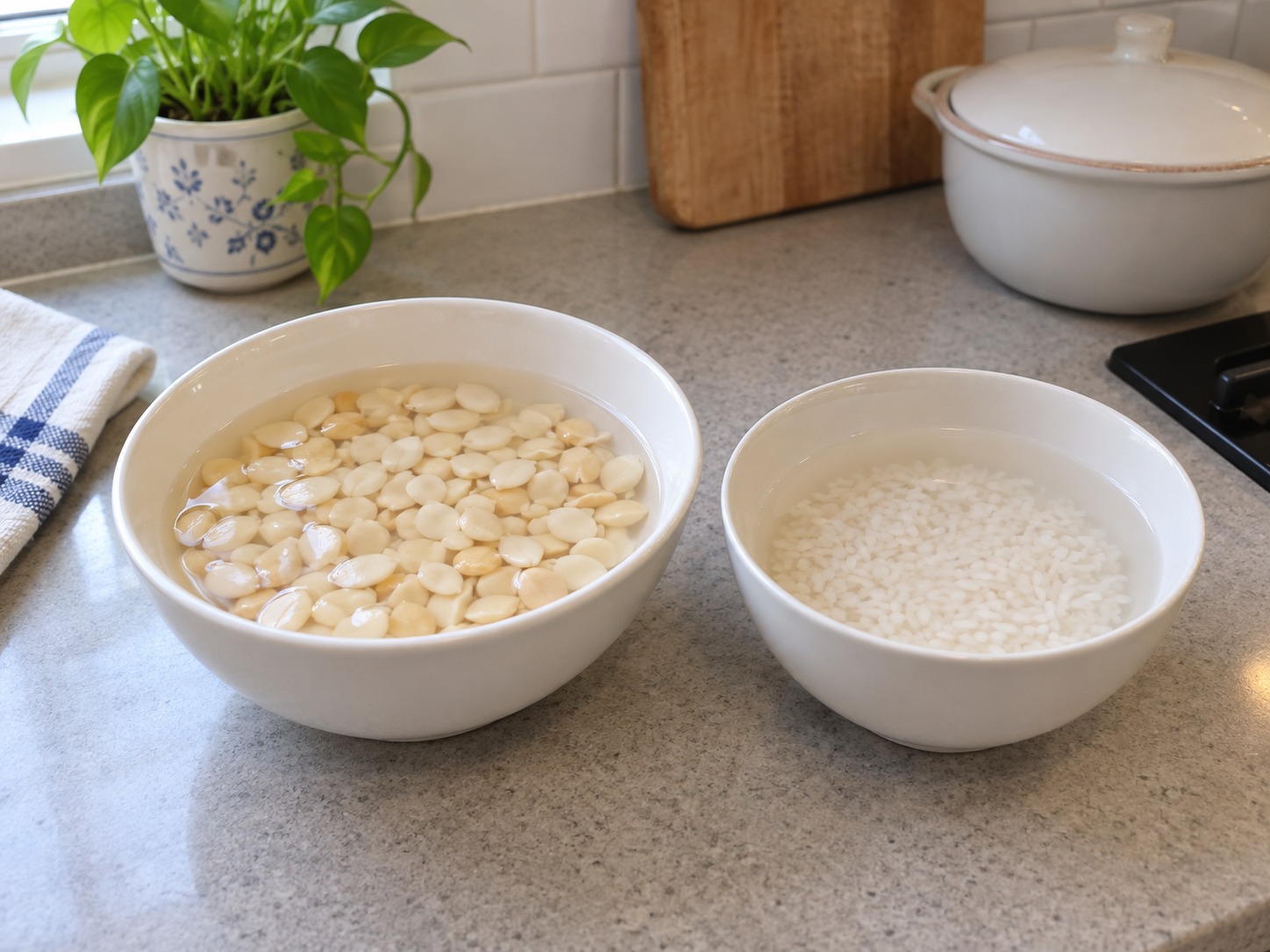 Cantonese Apricot Kernel Sweet Soup — Rinse and soak kernels and rice