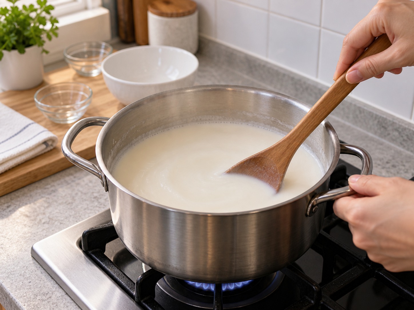 Cantonese Apricot Kernel Sweet Soup — Stir to prevent scorching