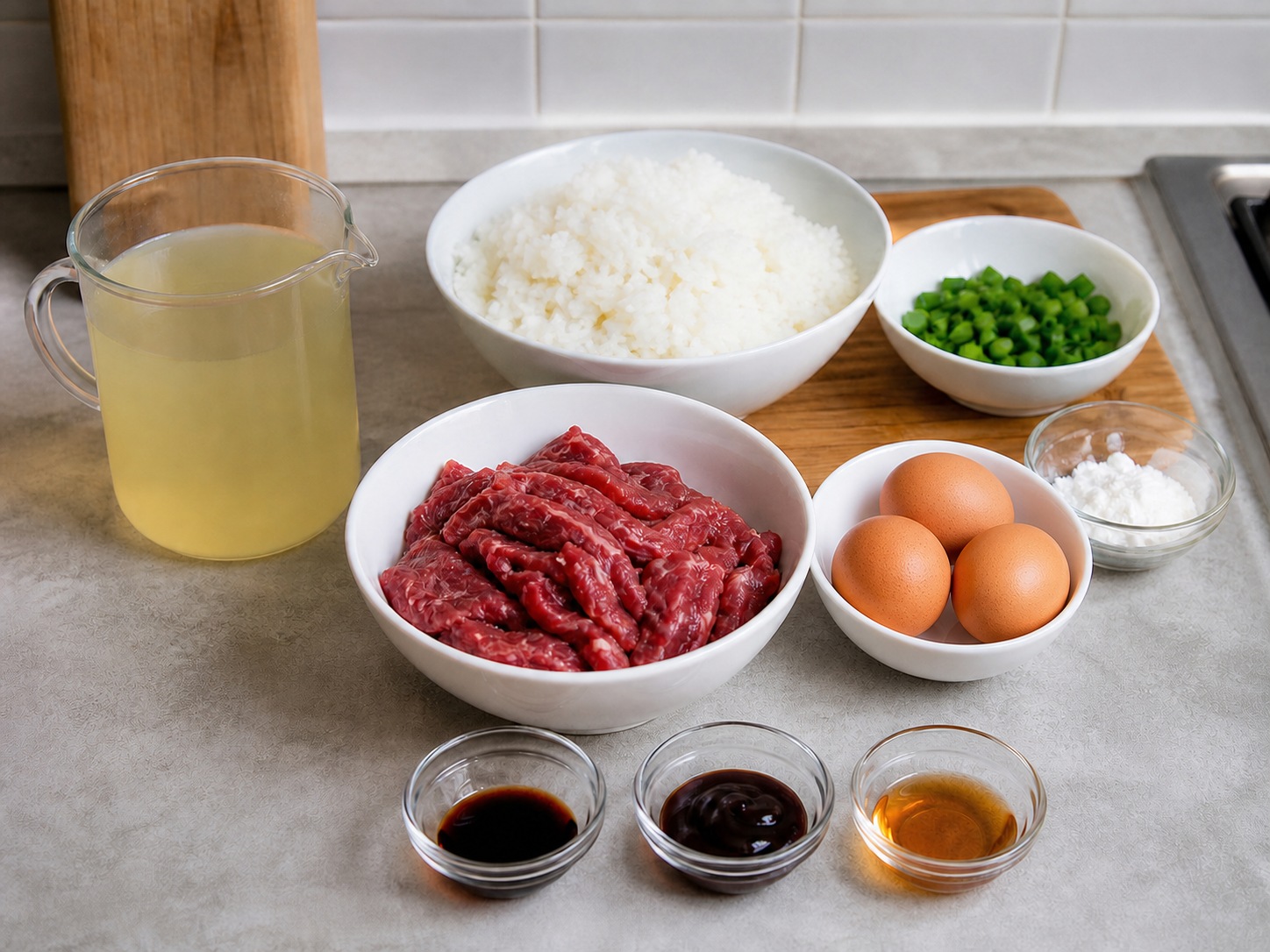 Hong Kong na Kanin na may Baka at Malasutlang Sarsang Itlog: 400 g hiniwang baka, 3 piraso itlog, 4 mangkok lutong kanin, 450 ml sabaw ng manok, 3 kutsara gawgaw na mais, 2 kutsara toyo, 1 kutsara sarsa ng talaba, 1 kutsarita langis ng linga, 2 tangkay dahon ng sibuyas