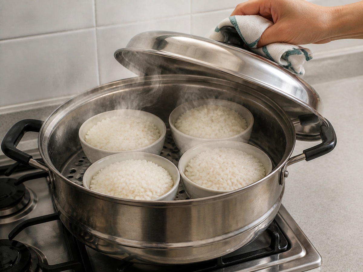 Pasingawan ang apat na mangkok ng kanin: Pakuluan ang sapat na tubig sa ilalim ng patungan ng pasingawan. Ilagay sa patungan ang 4 na mangkok ng lutong kanin, takpan at pasingawan sa katamtamang apoy nang 5 minuto hanggang umuusok ang gitna ng bawat mangkok; ibukas ang takip palayo sa mukha.