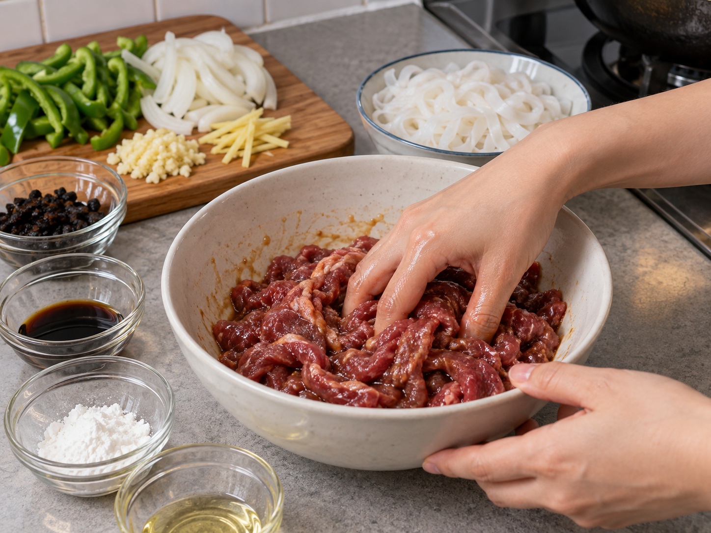 Cantonese Black Bean Beef Rice Noodles — Marinate the beef