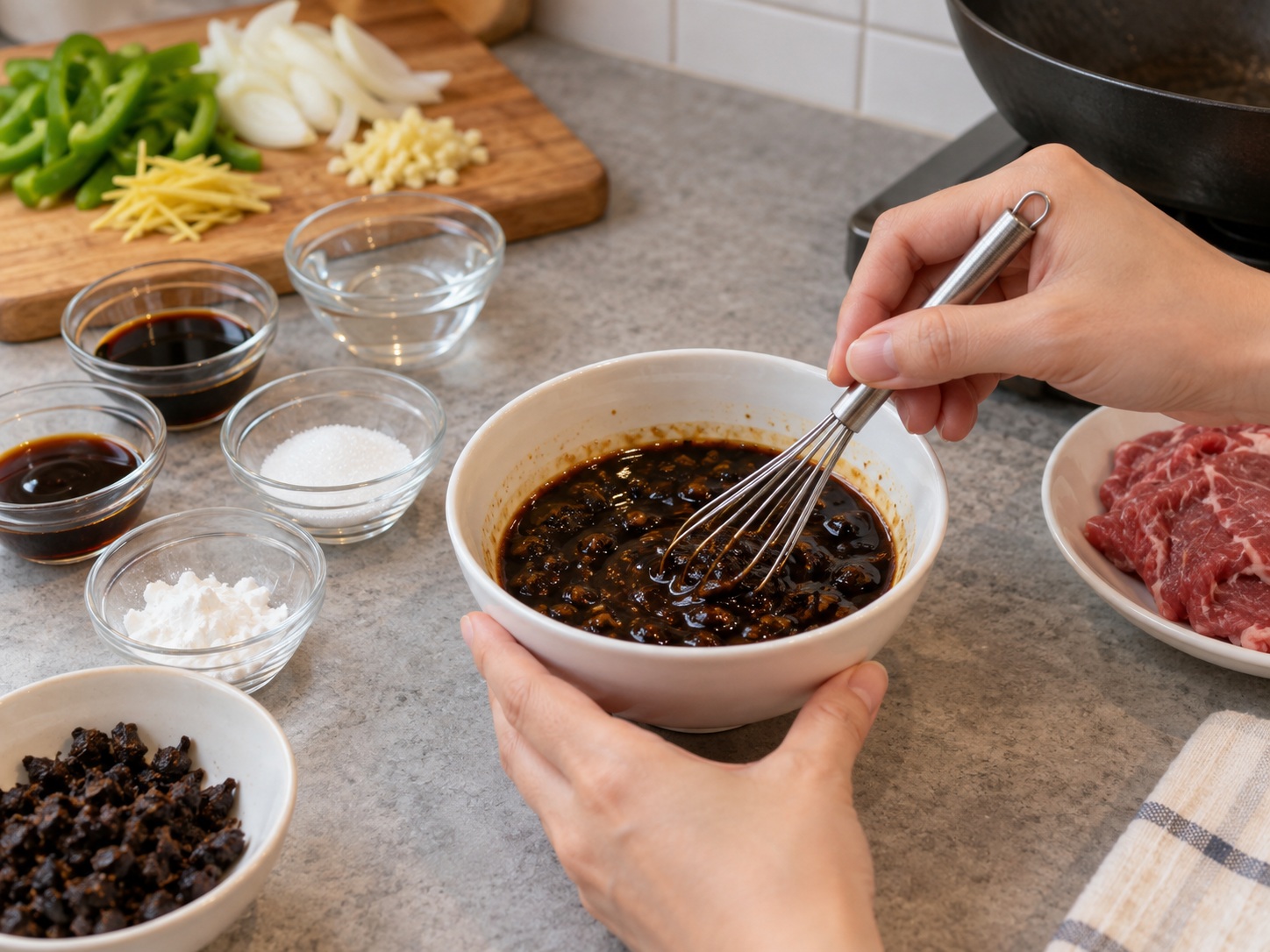 Cantonese Black Bean Beef Rice Noodles — Mix the black-bean sauce